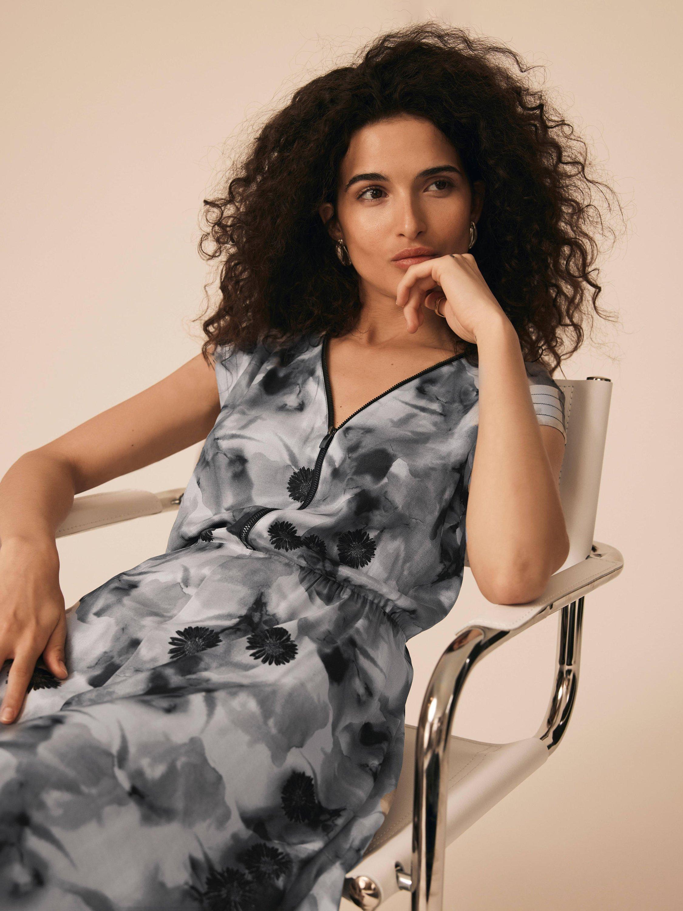 Product image 6 of 8, which shows Mint Velvet Abstract Print V-Neck Midi Dress, Grey/Multi, 10