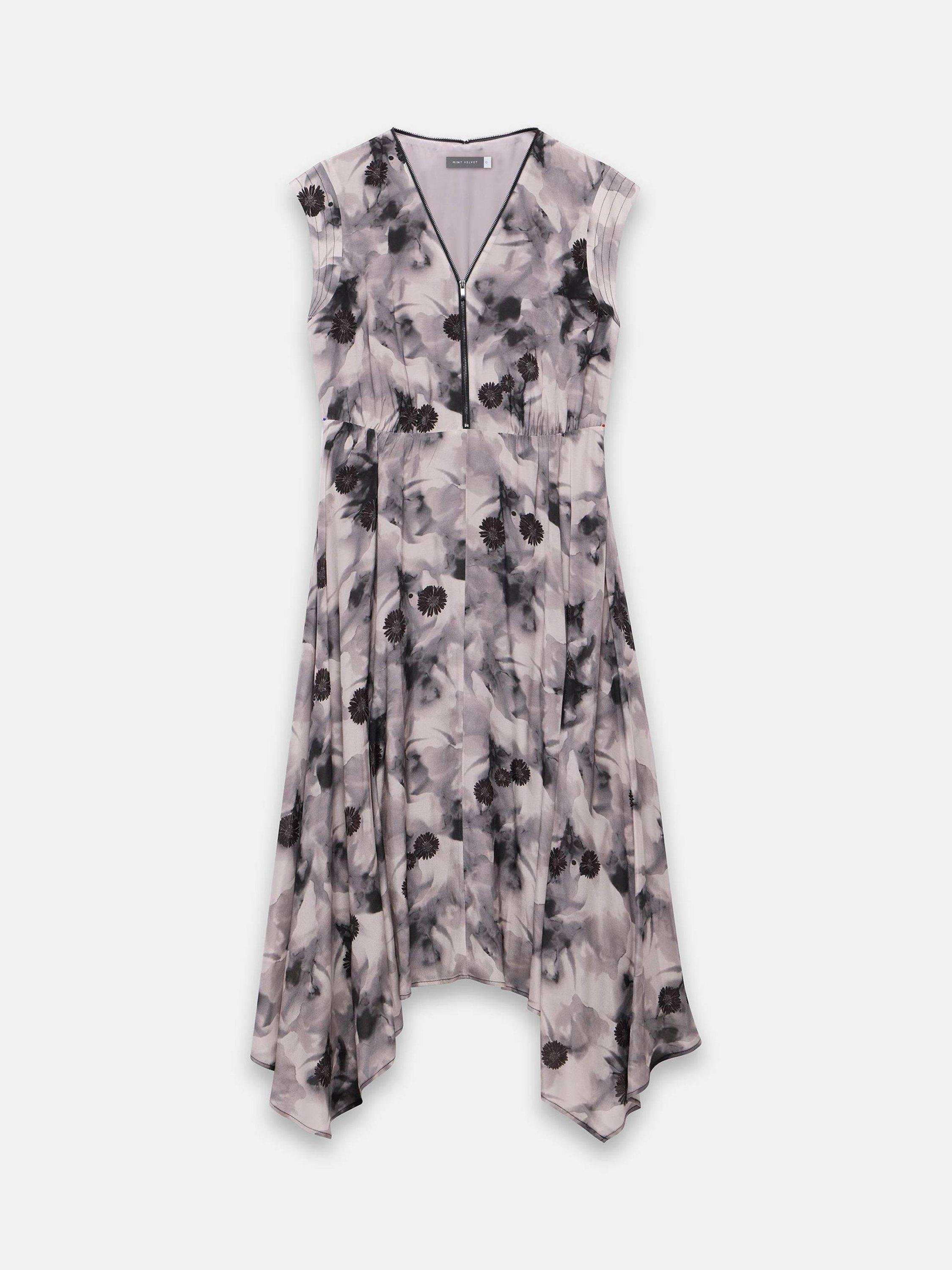Product image 7 of 8, which shows Mint Velvet Abstract Print V-Neck Midi Dress, Grey/Multi, 10