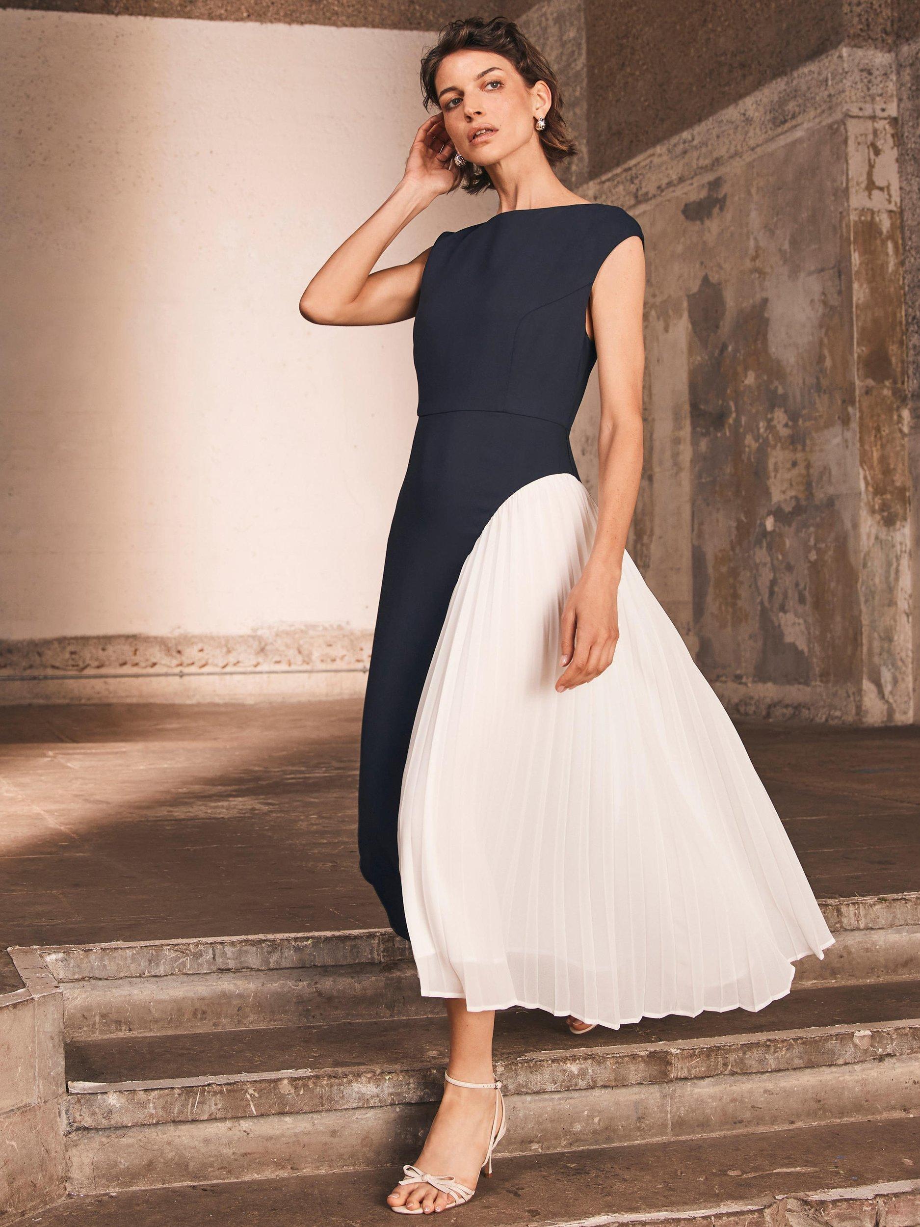 Product image 1 of 8, which shows Mint Velvet Contrast Pleat Maxi Dress, Navy/Multi, 8