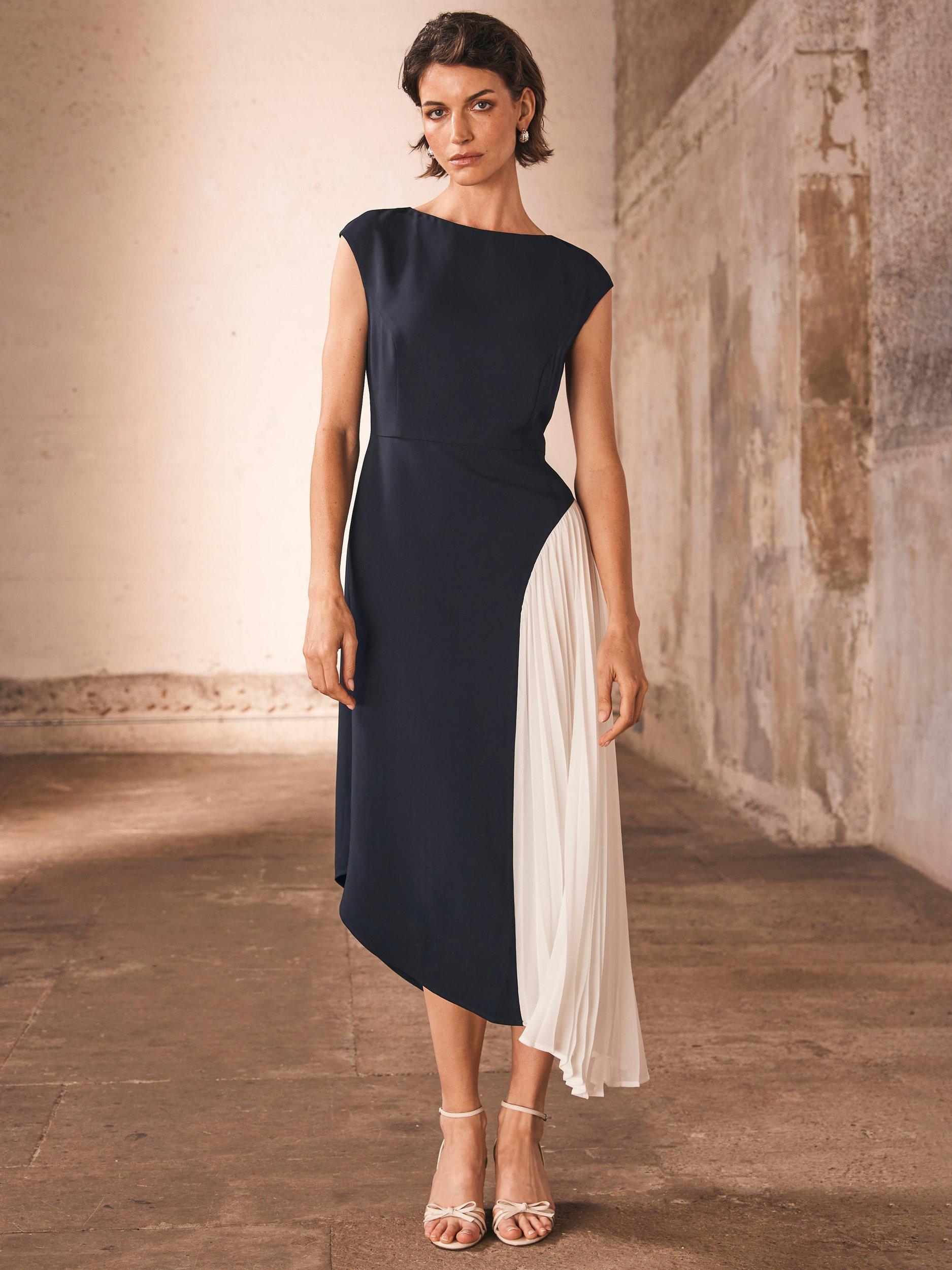 Product image 2 of 8, which shows Mint Velvet Contrast Pleat Maxi Dress, Navy/Multi, 8