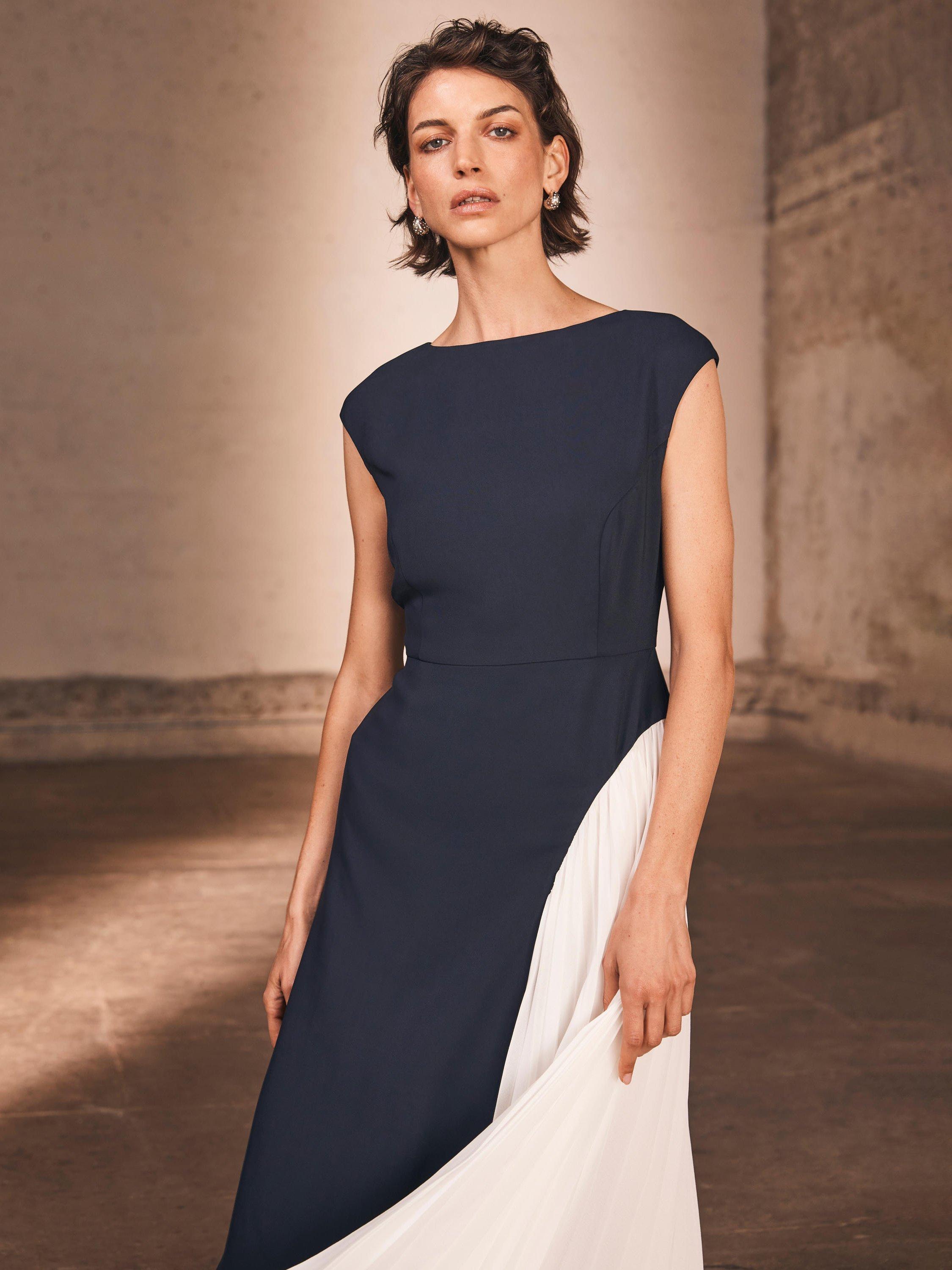 Product image 6 of 8, which shows Mint Velvet Contrast Pleat Maxi Dress, Navy/Multi, 8