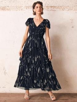 Mint Velvet Floral Tiered Maxi Dress, Navy/Multi, Navy/Multi