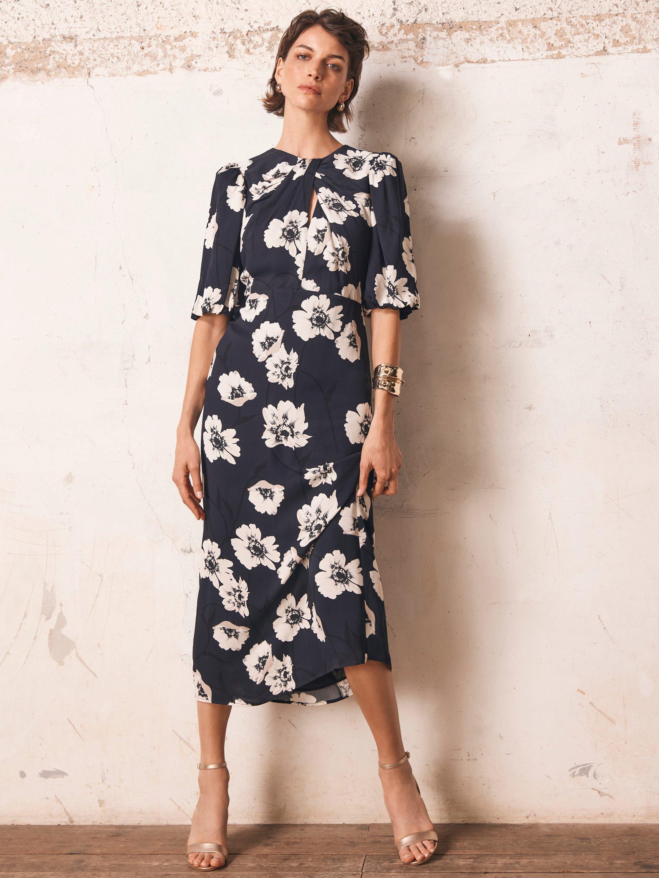 Product image 1 of 8, which shows Mint Velvet Twist Detail Floral Midi Dress, Blue Navy, 6