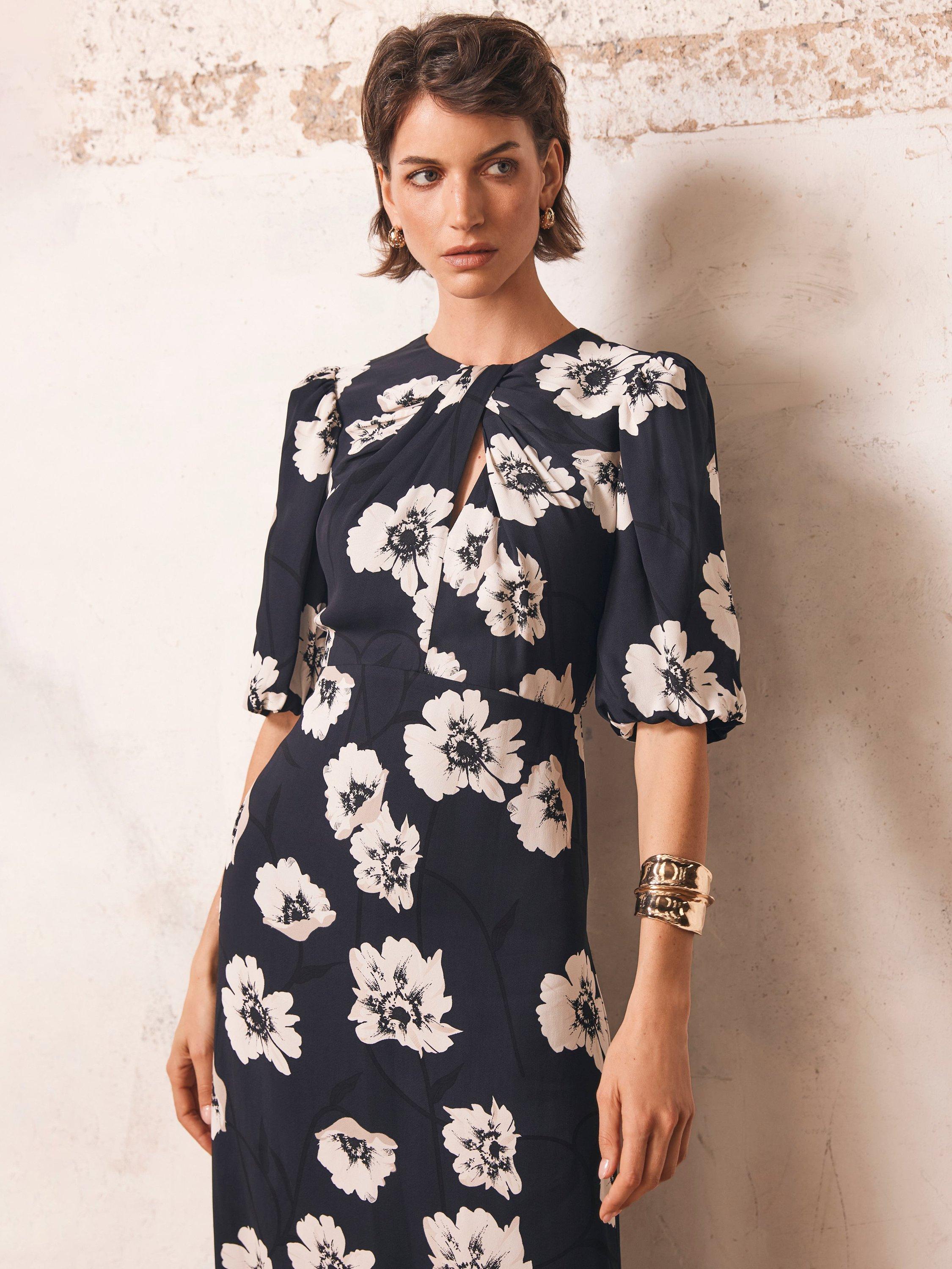 Product image 2 of 8, which shows Mint Velvet Twist Detail Floral Midi Dress, Blue Navy, 6