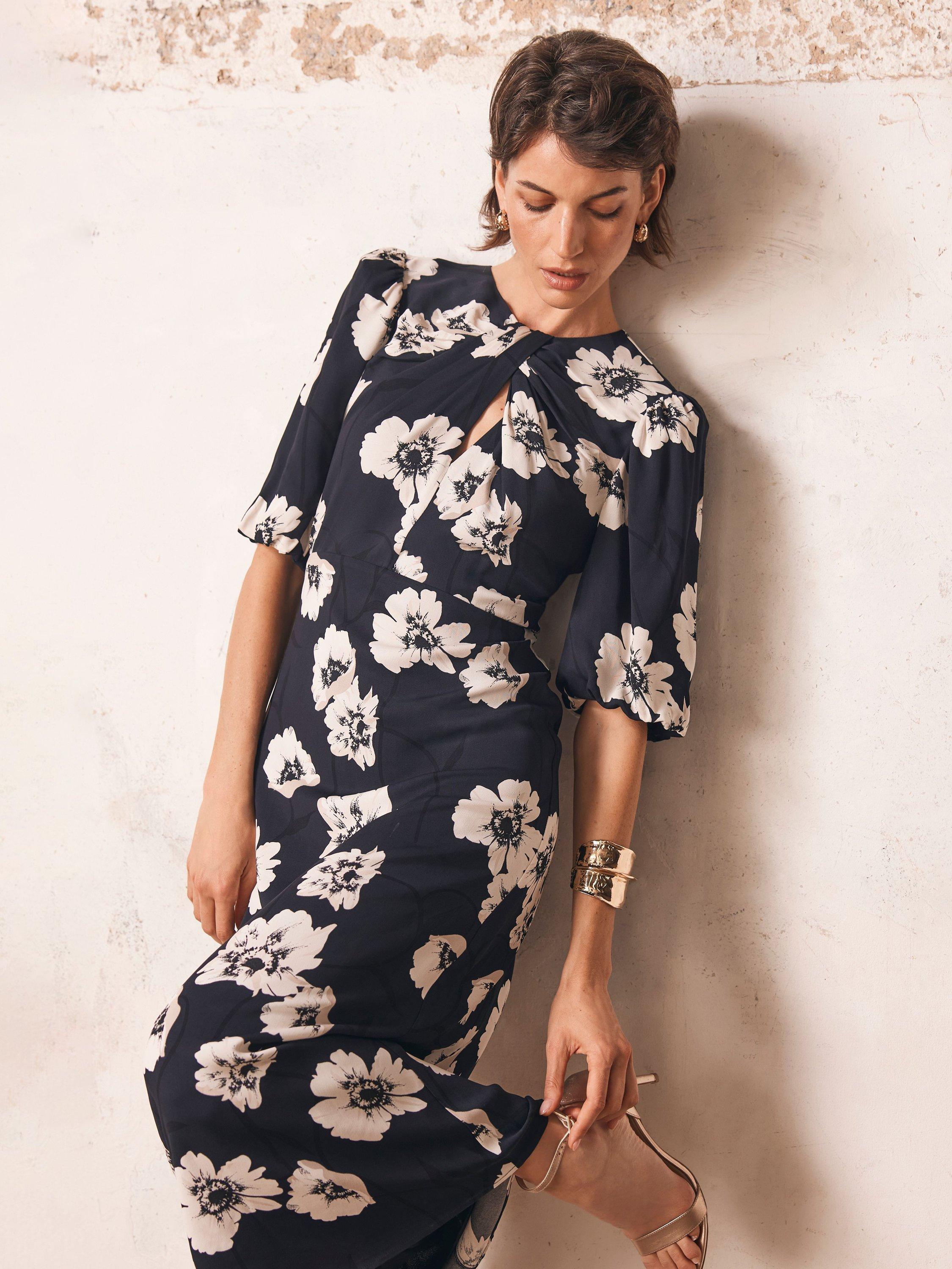 Product image 3 of 8, which shows Mint Velvet Twist Detail Floral Midi Dress, Blue Navy, 6