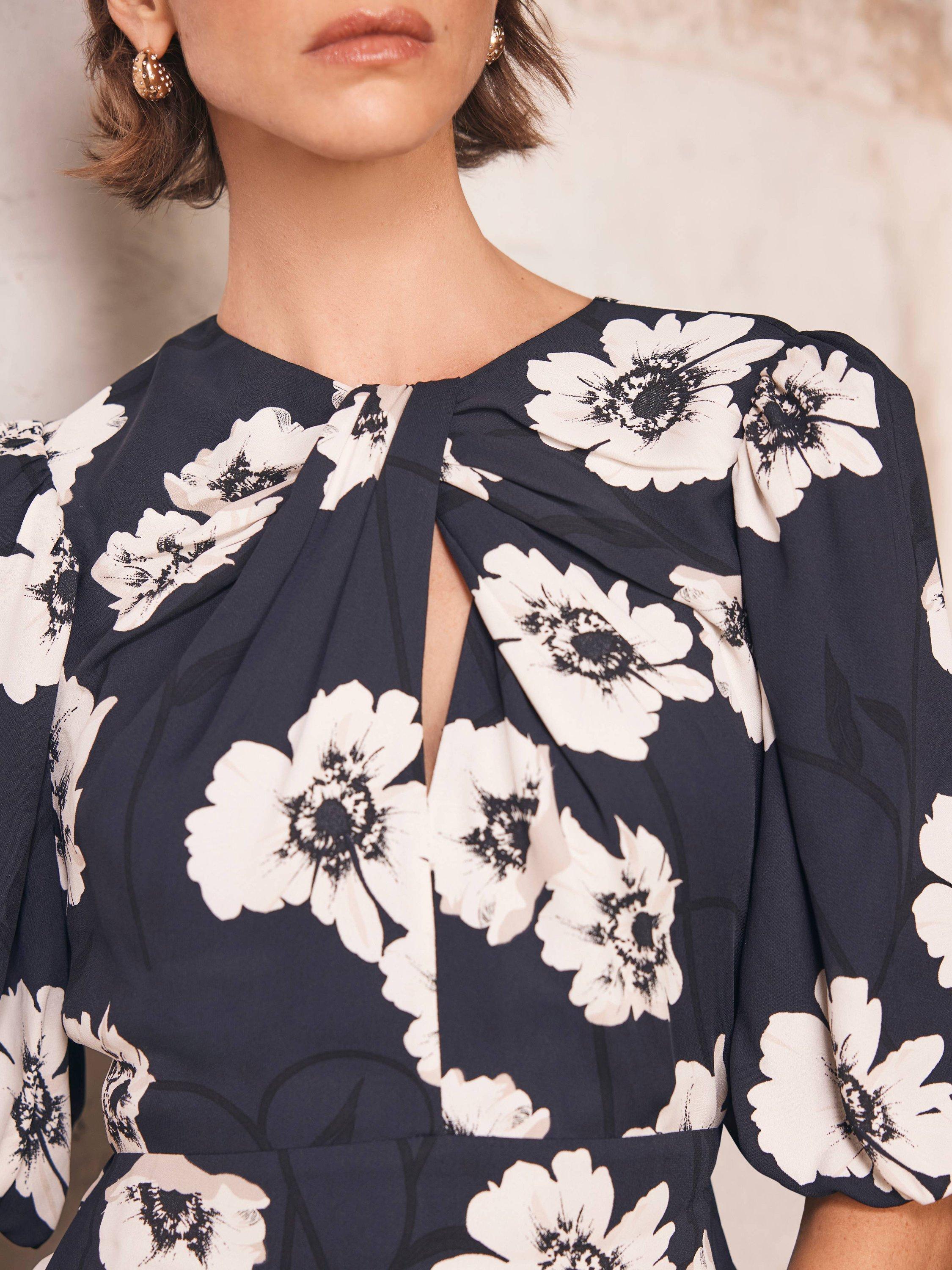 Product image 5 of 8, which shows Mint Velvet Twist Detail Floral Midi Dress, Blue Navy, 6