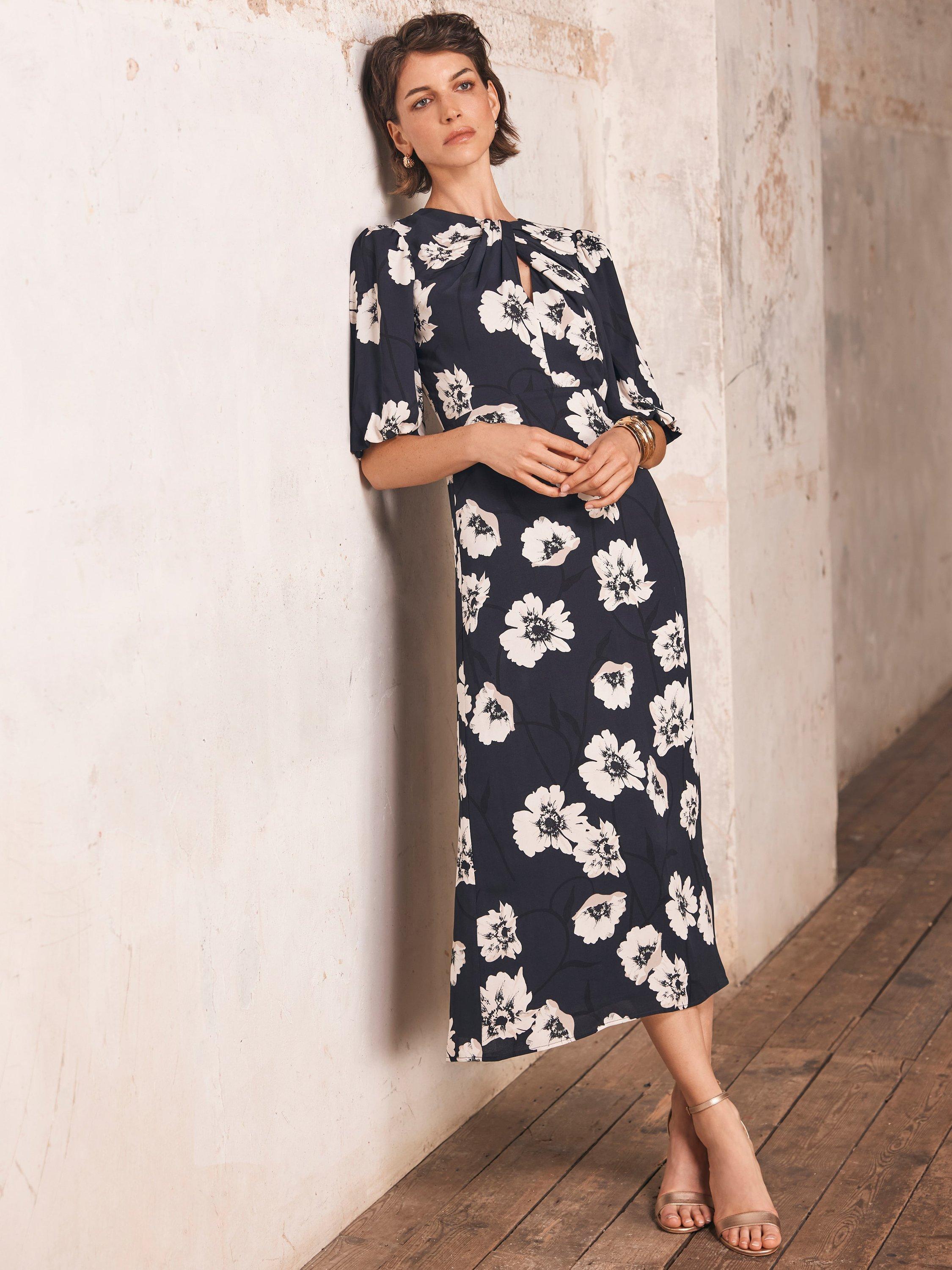 Product image 7 of 8, which shows Mint Velvet Twist Detail Floral Midi Dress, Blue Navy, 6