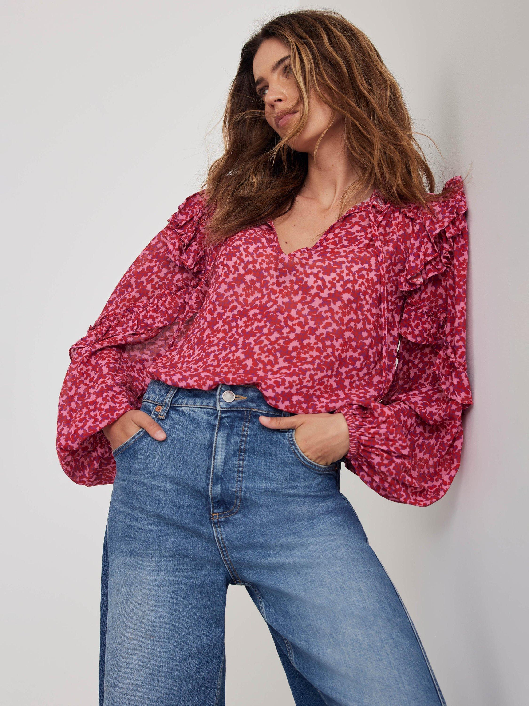 Product image 1 of 7, which shows Mint Velvet Floral Ruffle Top, Pink/Multi, XS