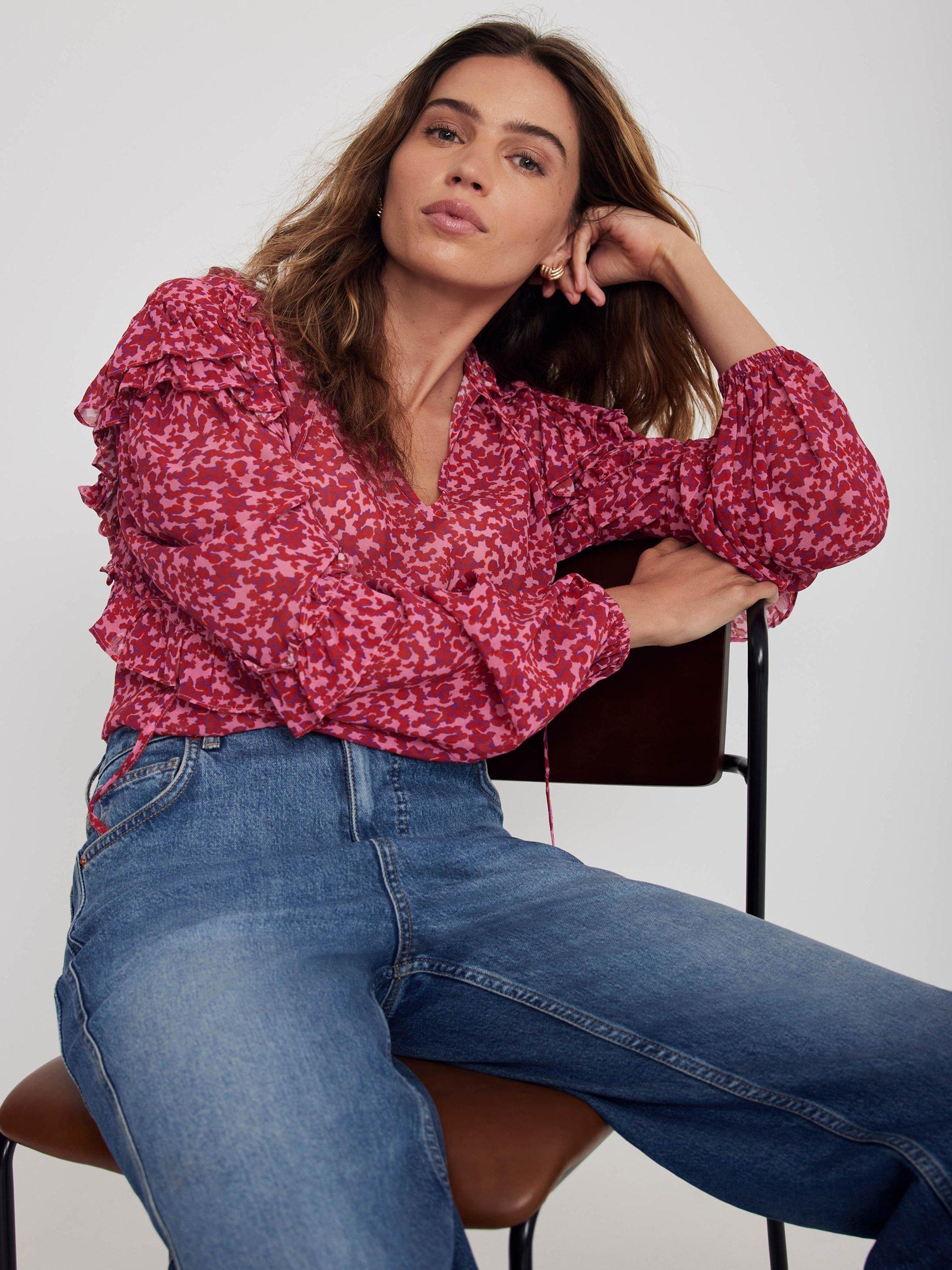 Product image 2 of 7, which shows Mint Velvet Floral Ruffle Top, Pink/Multi, XS