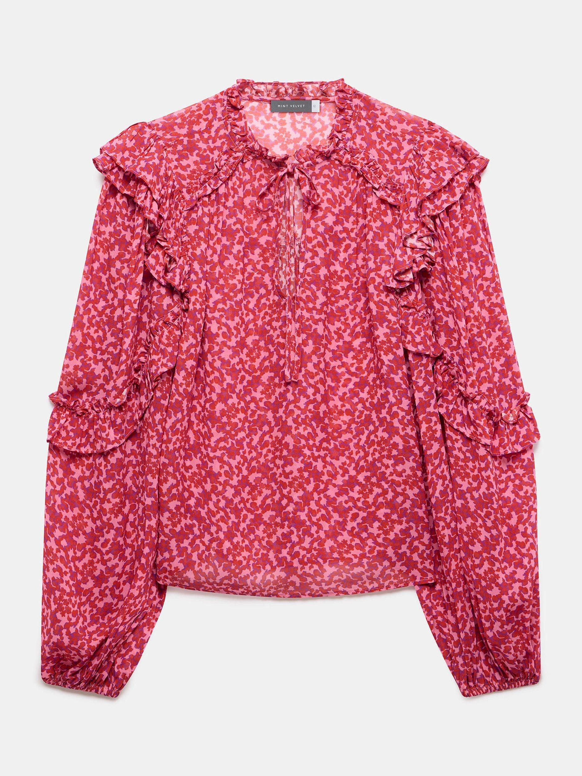 Product image 6 of 7, which shows Mint Velvet Floral Ruffle Top, Pink/Multi, XS