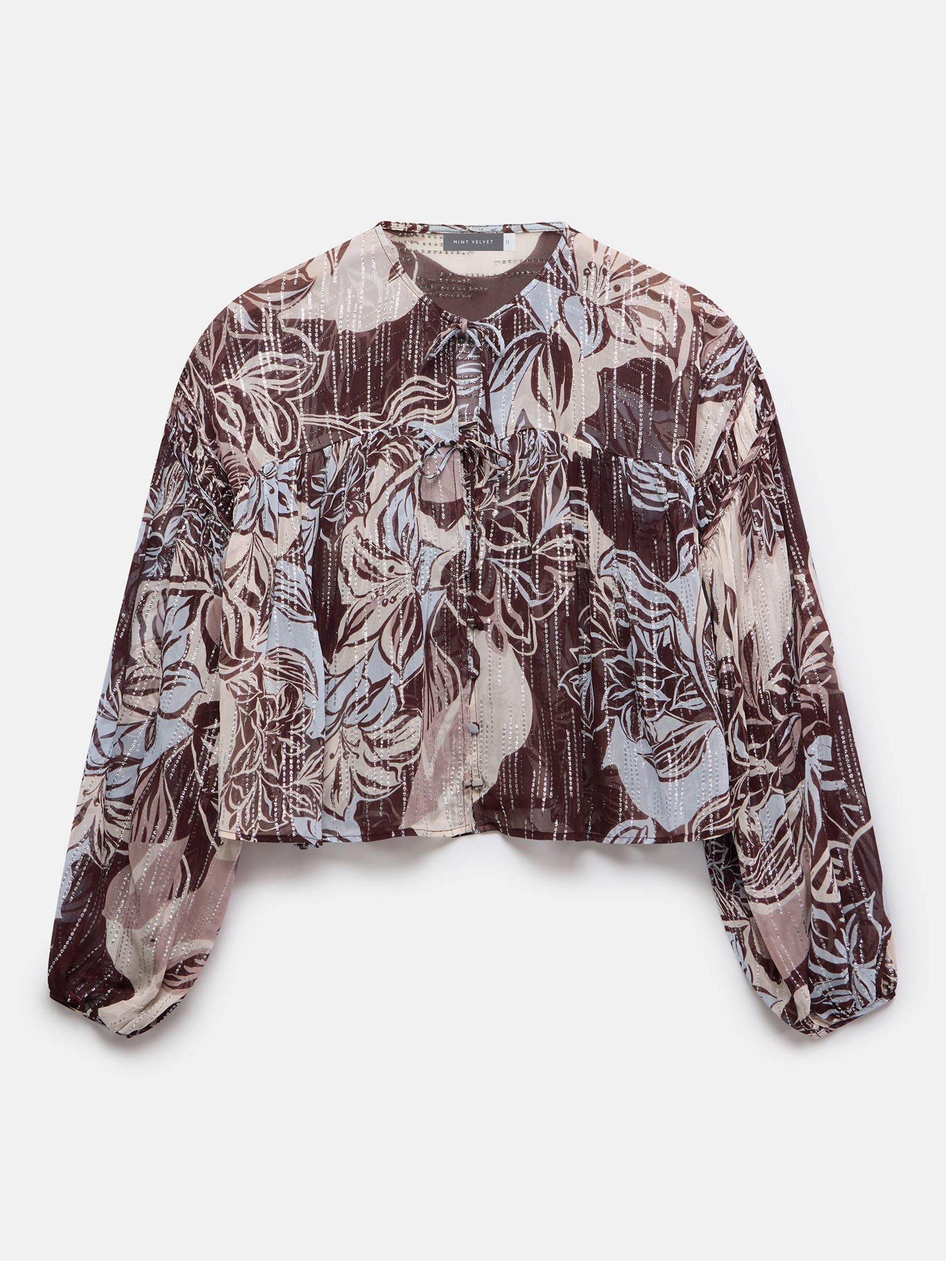 Product image 7 of 8, which shows Mint Velvet Sequin Embellished Floral Blouse, Brown/Multi, XS