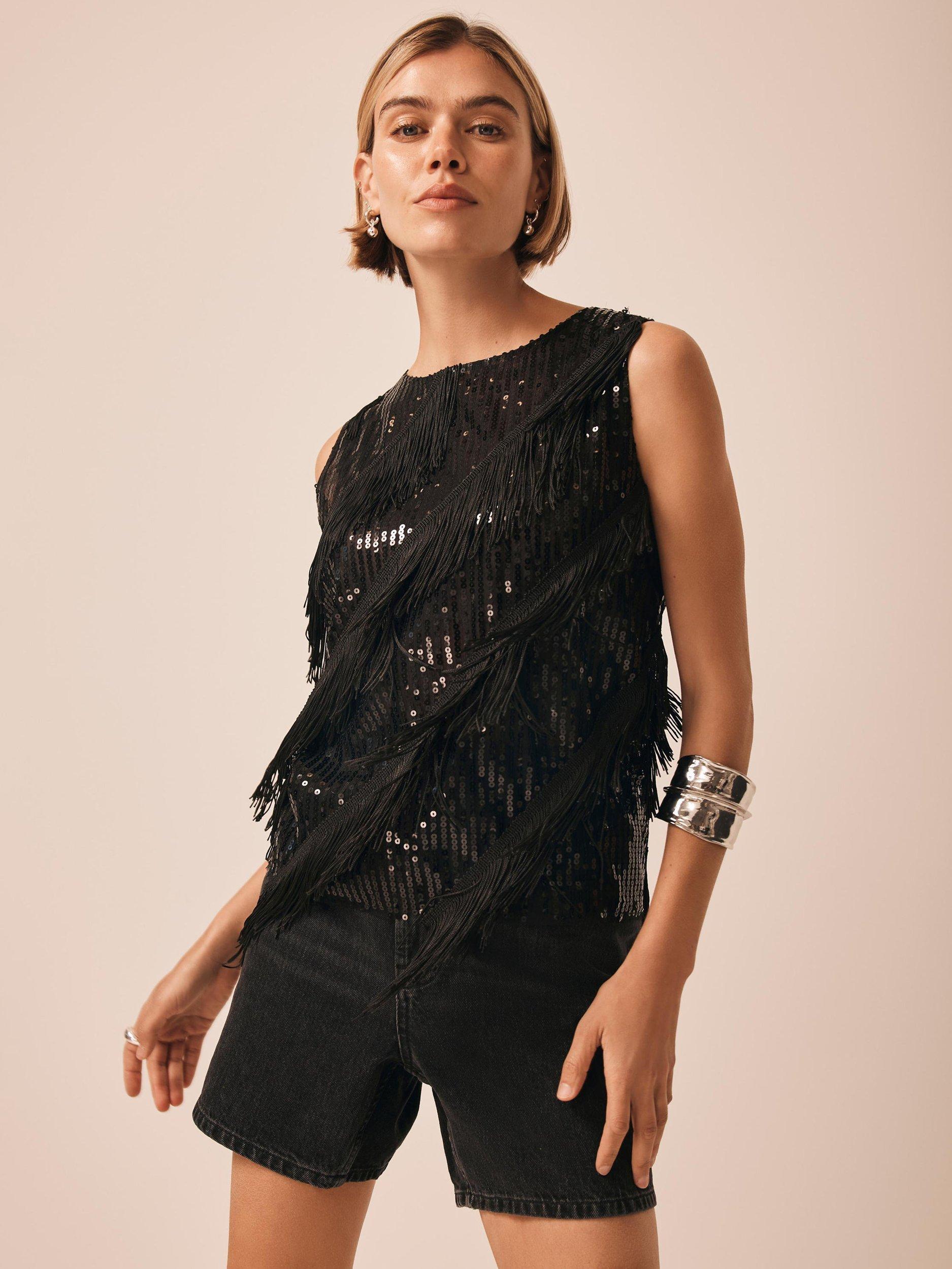 Product image 1 of 8, which shows Mint Velvet Sleeveless Sequin Tassel Top, Black, XS