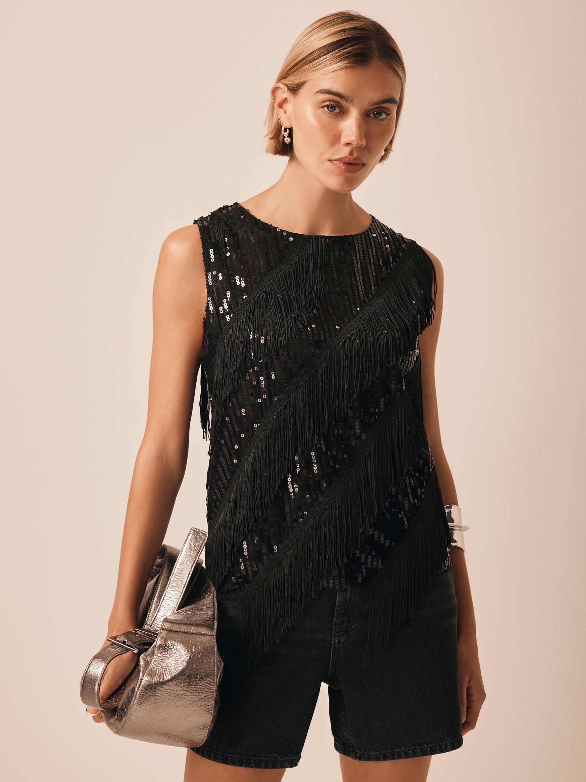 Product image 3 of 8, which shows Mint Velvet Sleeveless Sequin Tassel Top, Black, XS
