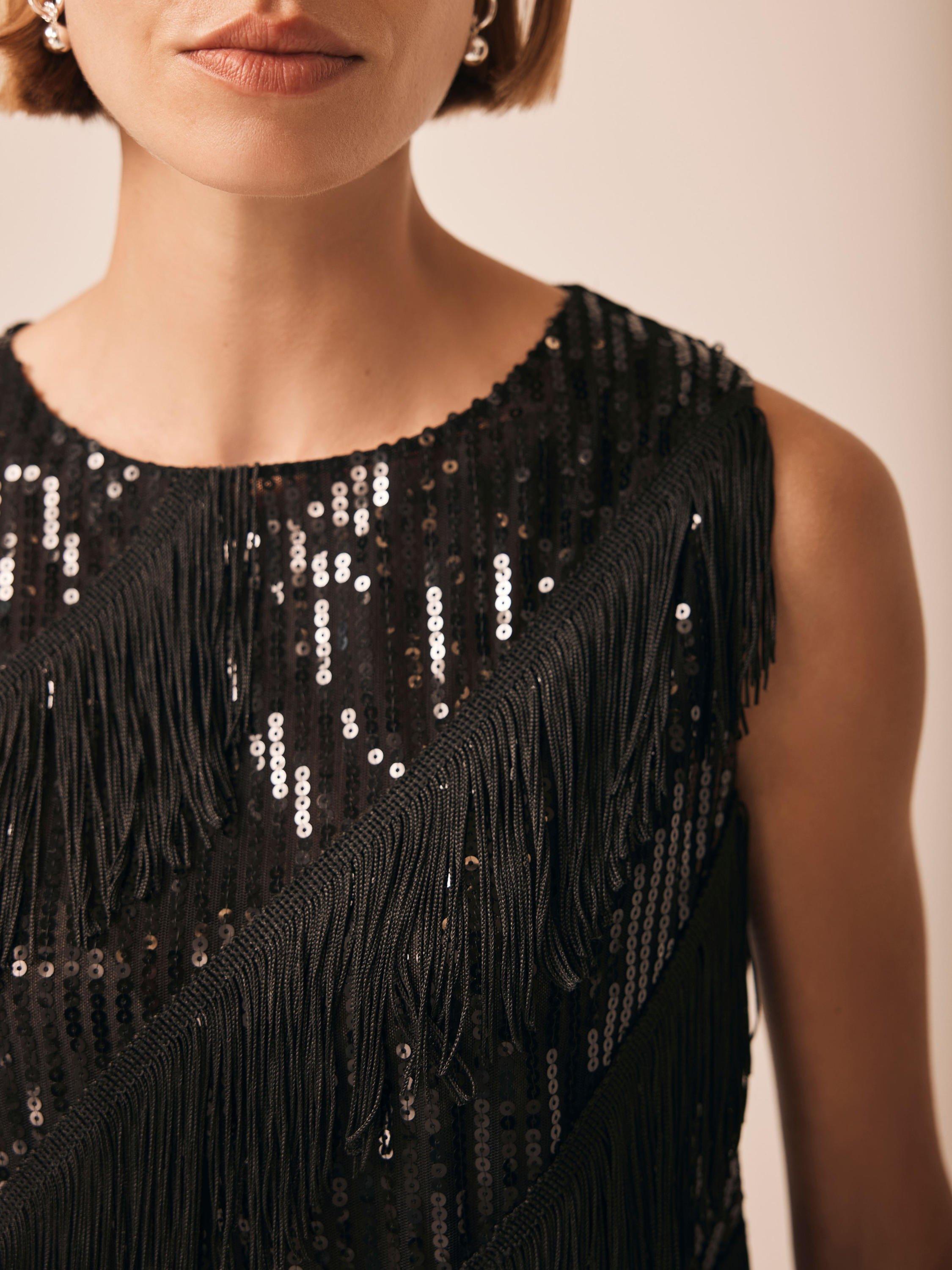 Product image 5 of 8, which shows Mint Velvet Sleeveless Sequin Tassel Top, Black, XS