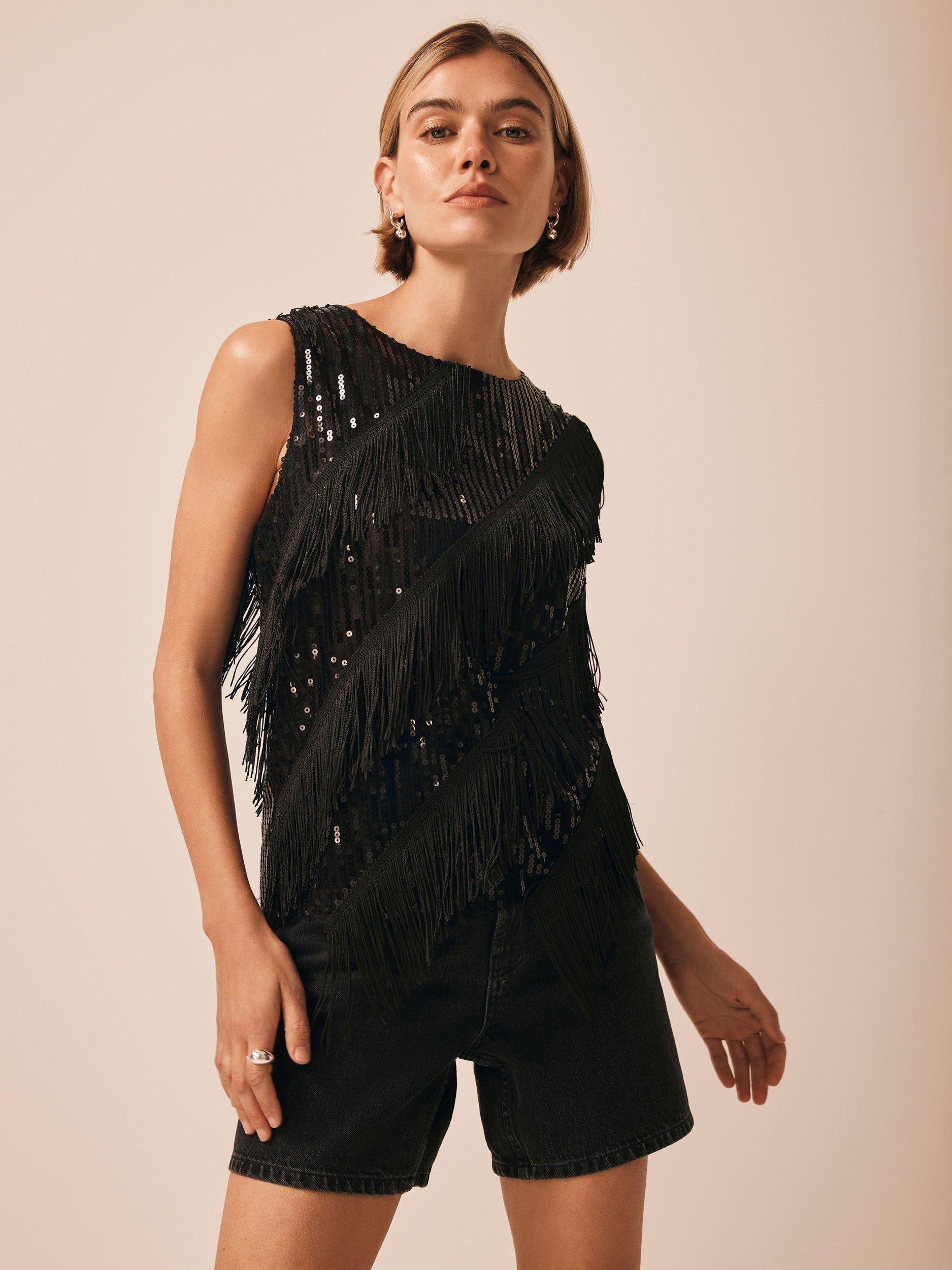 Product image 6 of 8, which shows Mint Velvet Sleeveless Sequin Tassel Top, Black, XS