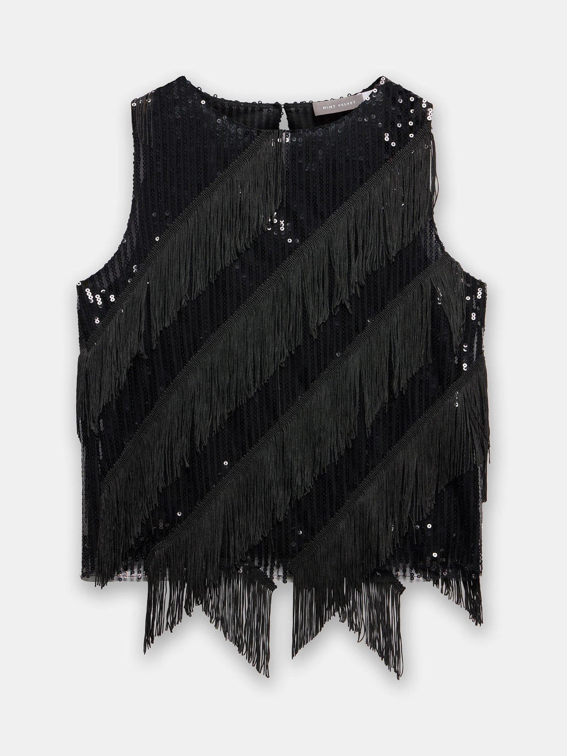 Product image 7 of 8, which shows Mint Velvet Sleeveless Sequin Tassel Top, Black, XS
