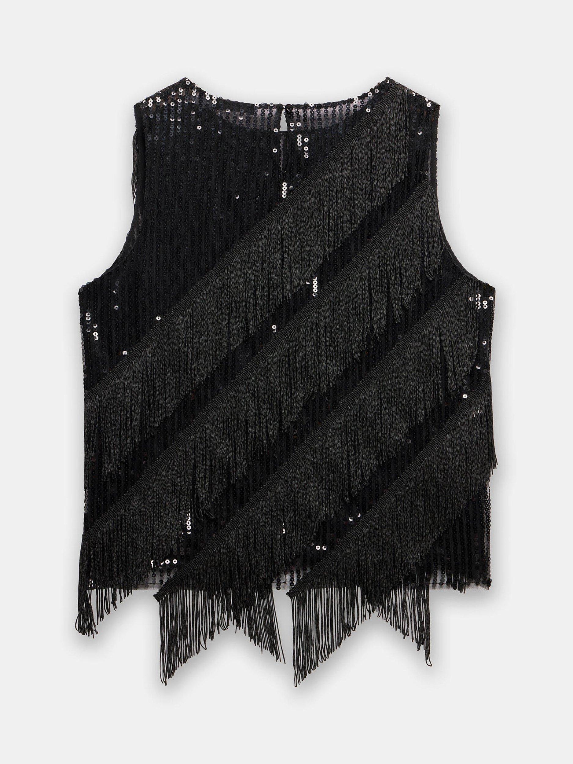 Product image 8 of 8, which shows Mint Velvet Sleeveless Sequin Tassel Top, Black, XS