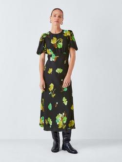 John Lewis Short Sleeve Floral Midi Tea Dress, Black/Multi, Black/Multi