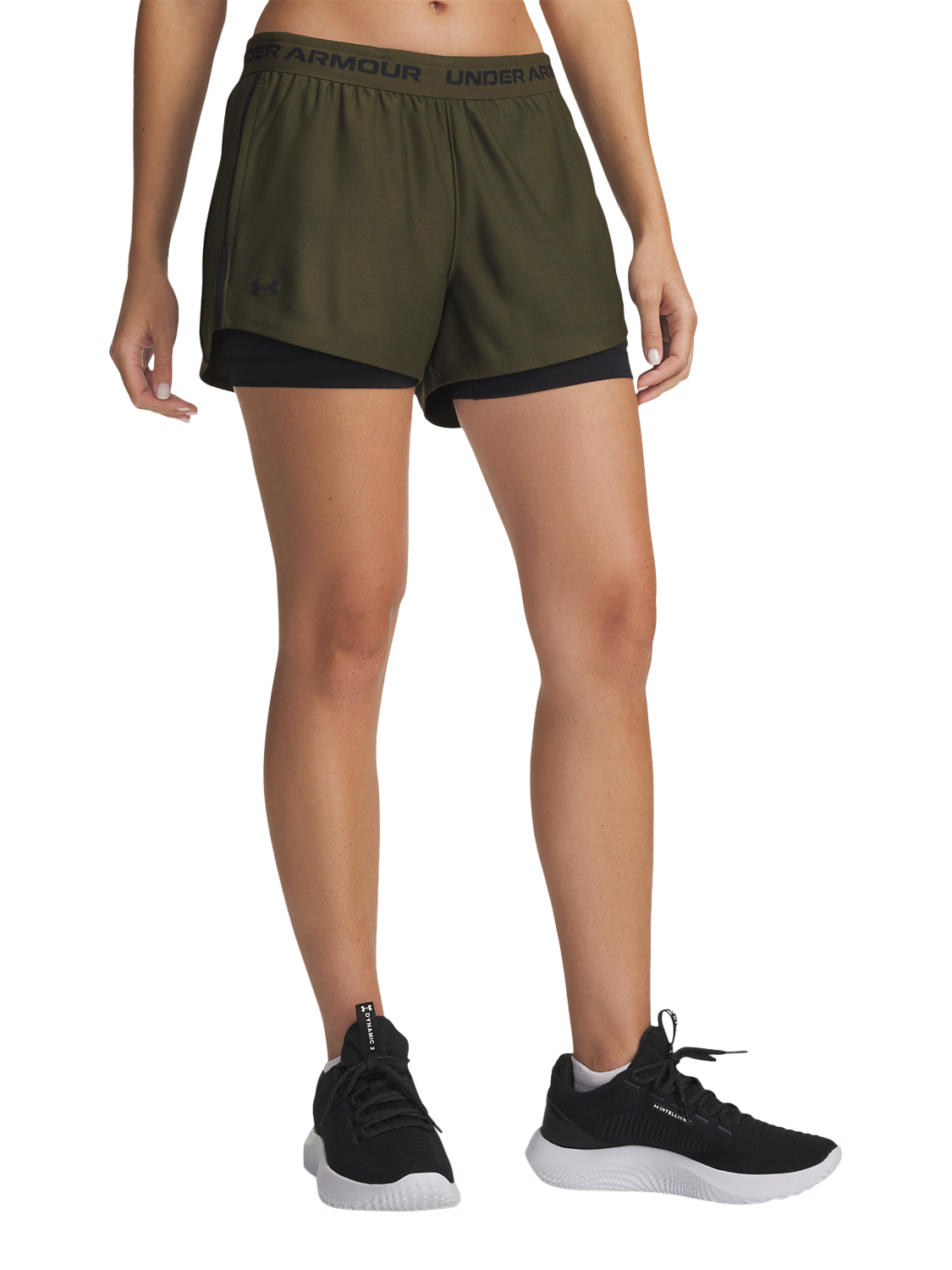Product image 1 of 4, which shows Under Armour Tech Play Up 2-in-1 Shorts, Green / Black, L