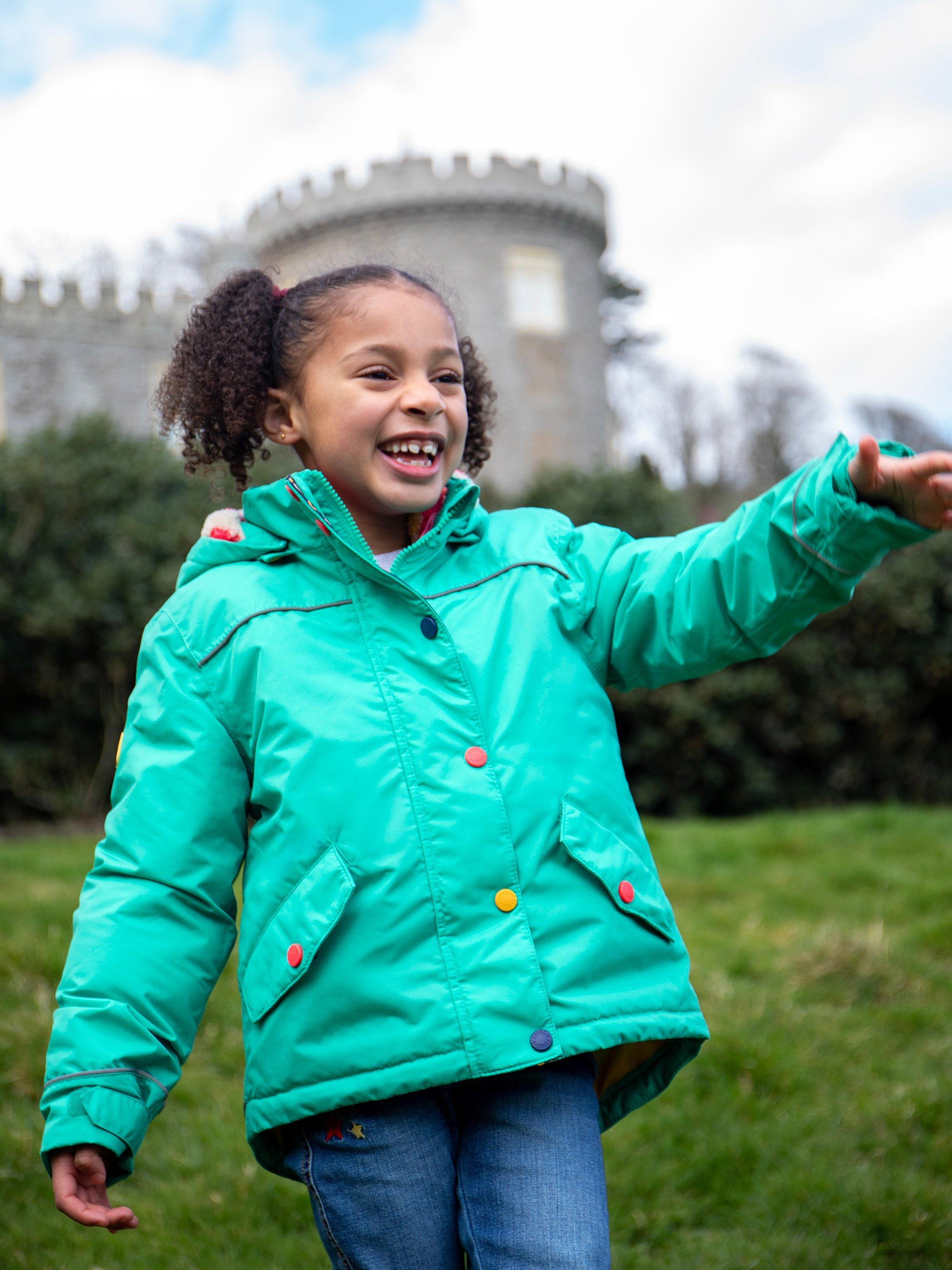Product image 2 of 9, which shows Frugi Kids' Rambler 3-in-1 Hooded Coat, Dragon/Mushroomfield, 1-2 years