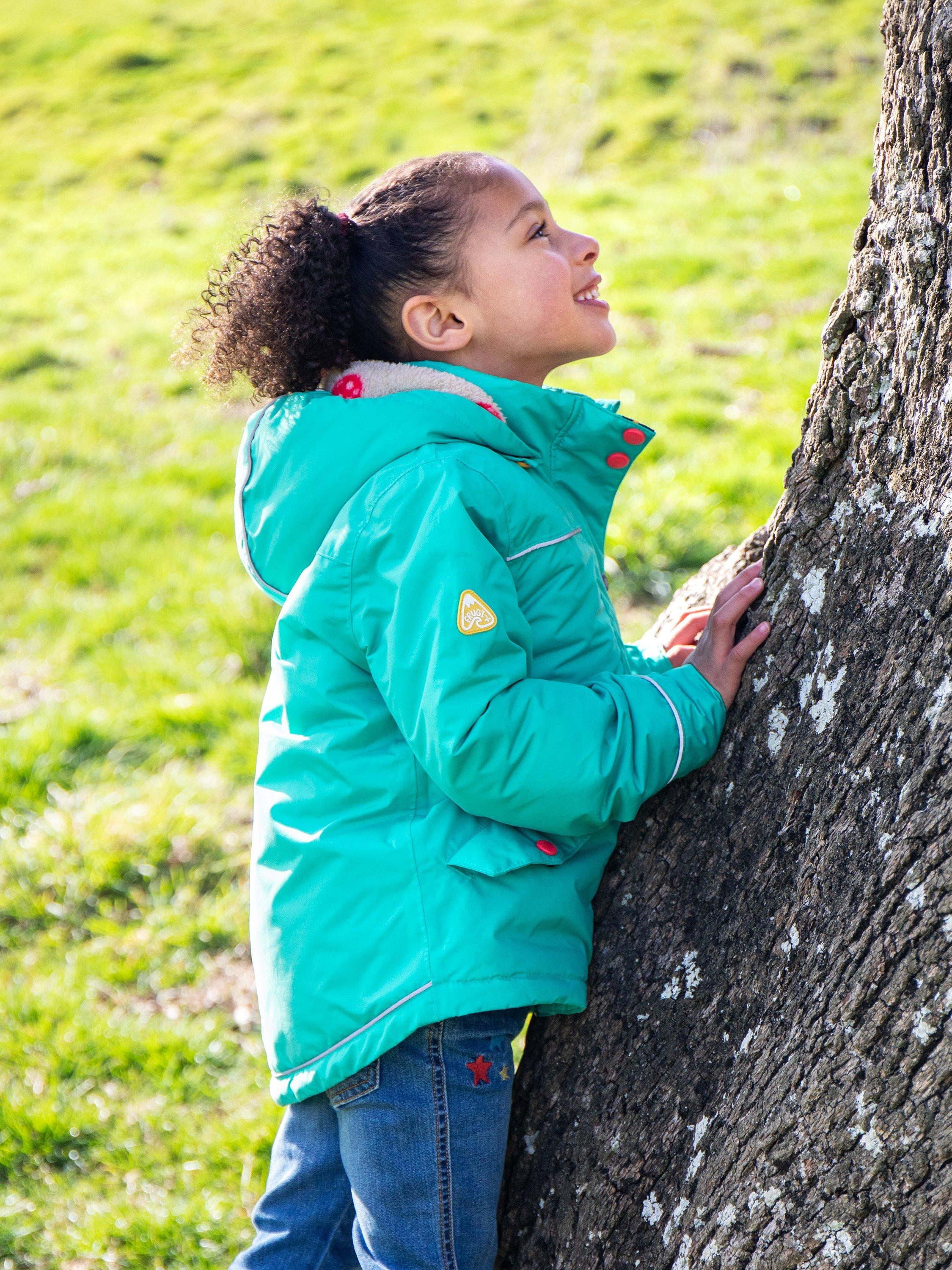 Product image 4 of 9, which shows Frugi Kids' Rambler 3-in-1 Hooded Coat, Dragon/Mushroomfield, 1-2 years
