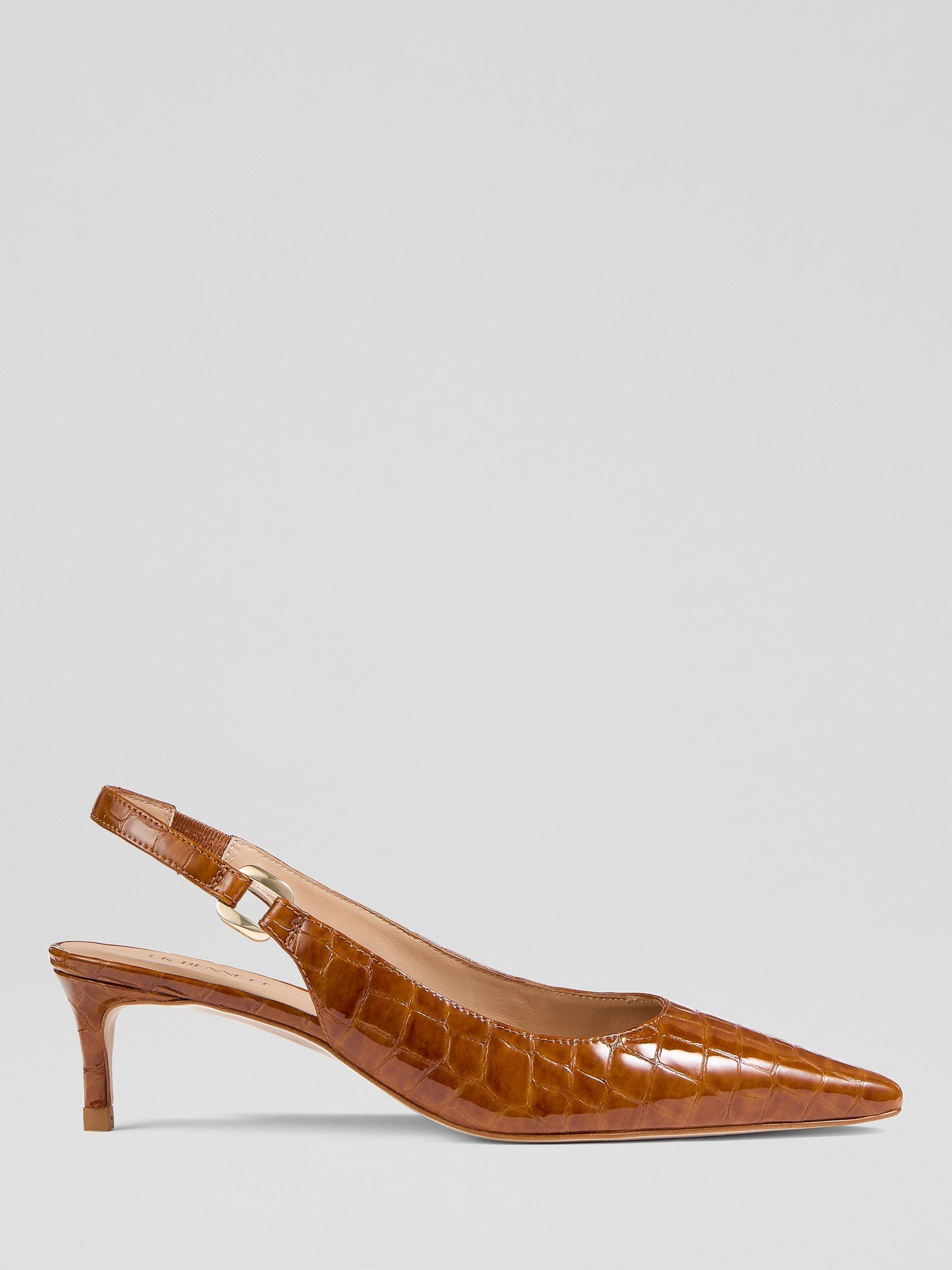 Product image 1 of 4, which shows L.K.Bennett Lettie Croc Effect Leather Slingback Court Shoes, Tan, 2