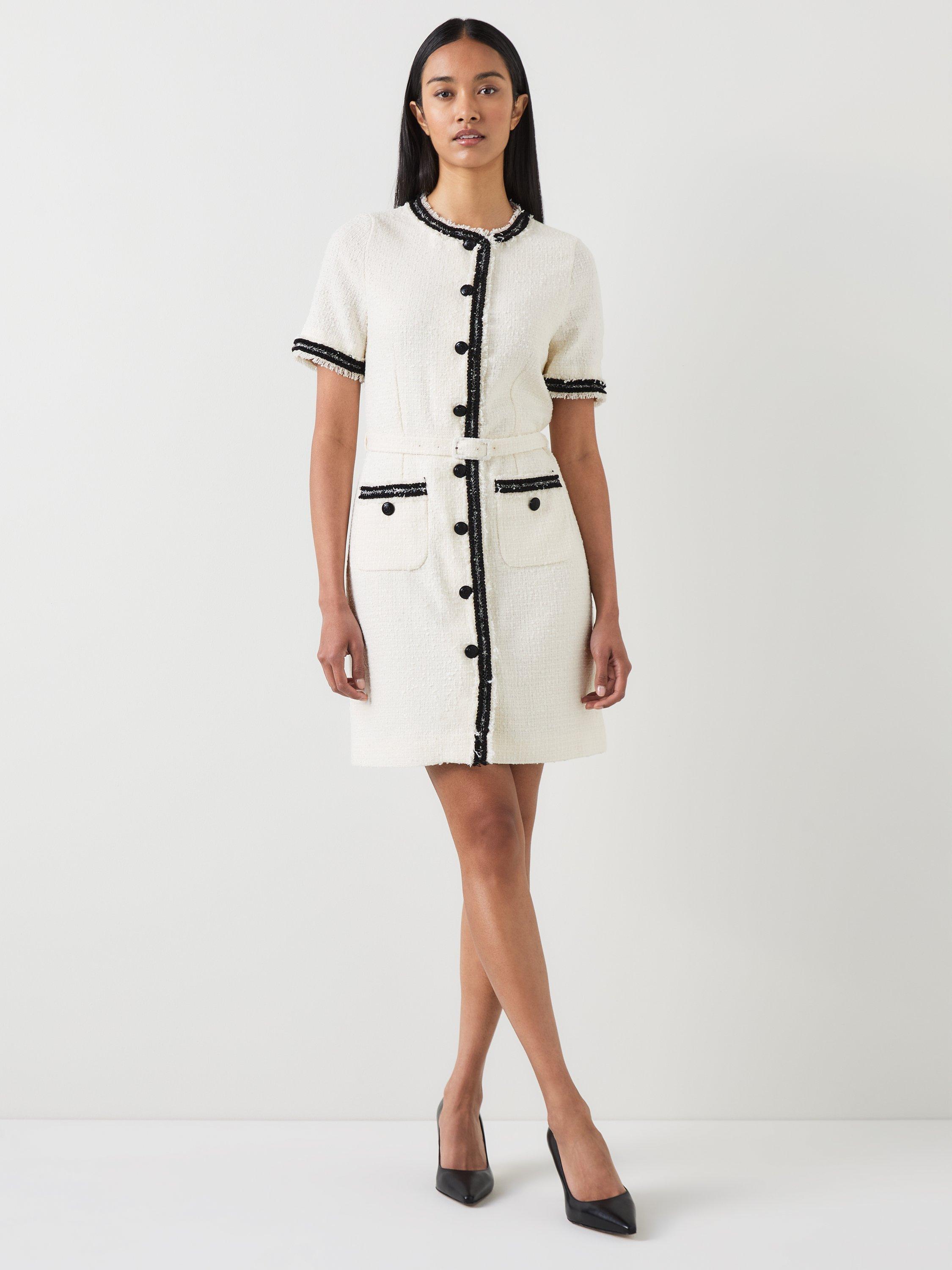 Product image 1 of 4, which shows L.K.Bennett Charlie Colour Contrast Tweed Dress, Cream/Black, 6