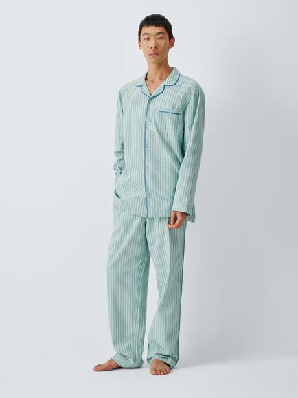 John Lewis Organic Cotton Stripe Pyjama Set, Green Mid, Green Mid