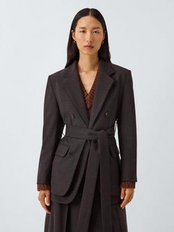 John Lewis x REJINA PYO Slim Fit Double Layer Wool Blend Belted Blazer, Chocolate, Chocolate