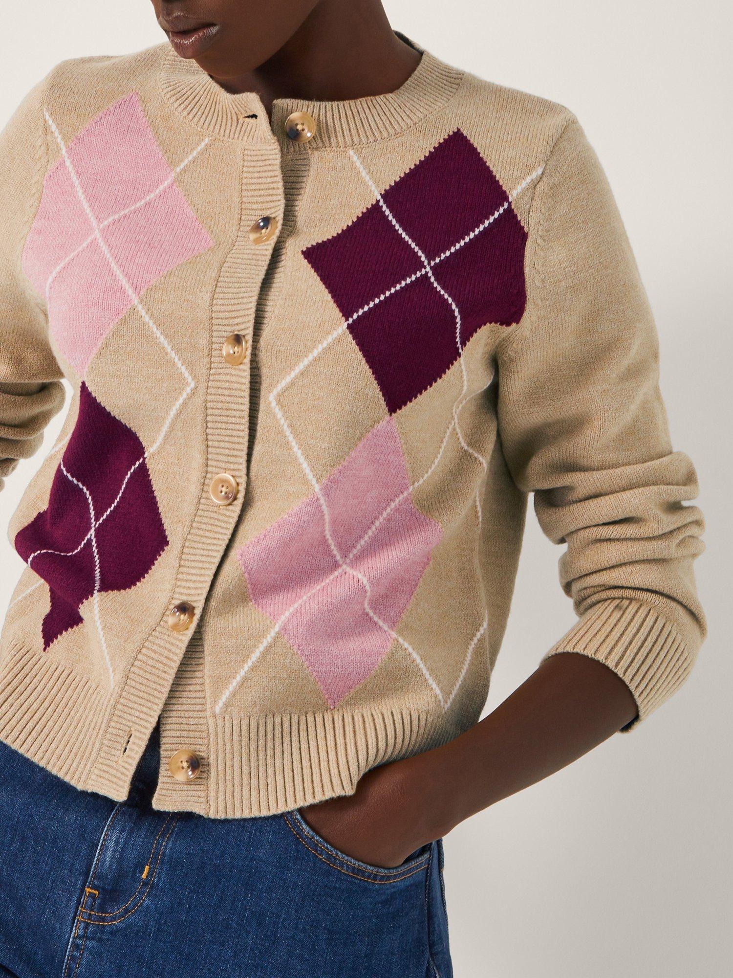 Product image 1 of 5, which shows Monsoon Anne Argyle Check Cardigan, Brown/Multi, XL