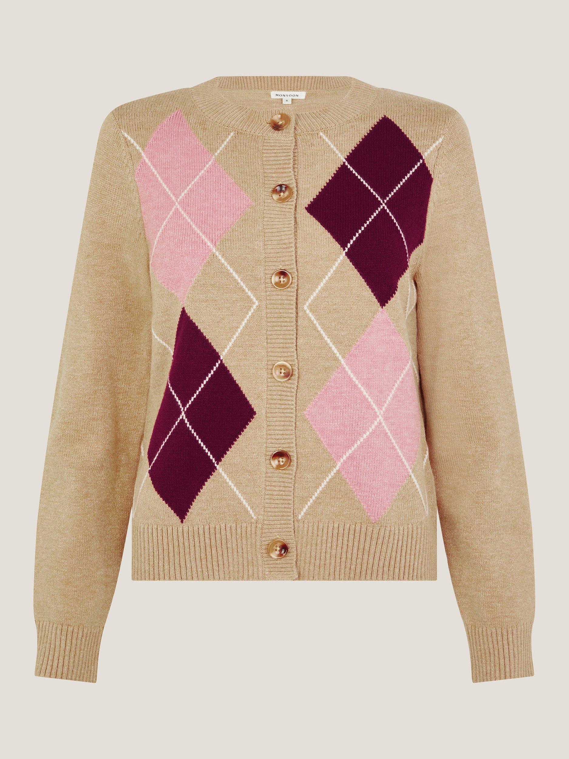 Product image 4 of 5, which shows Monsoon Anne Argyle Check Cardigan, Brown/Multi, XL