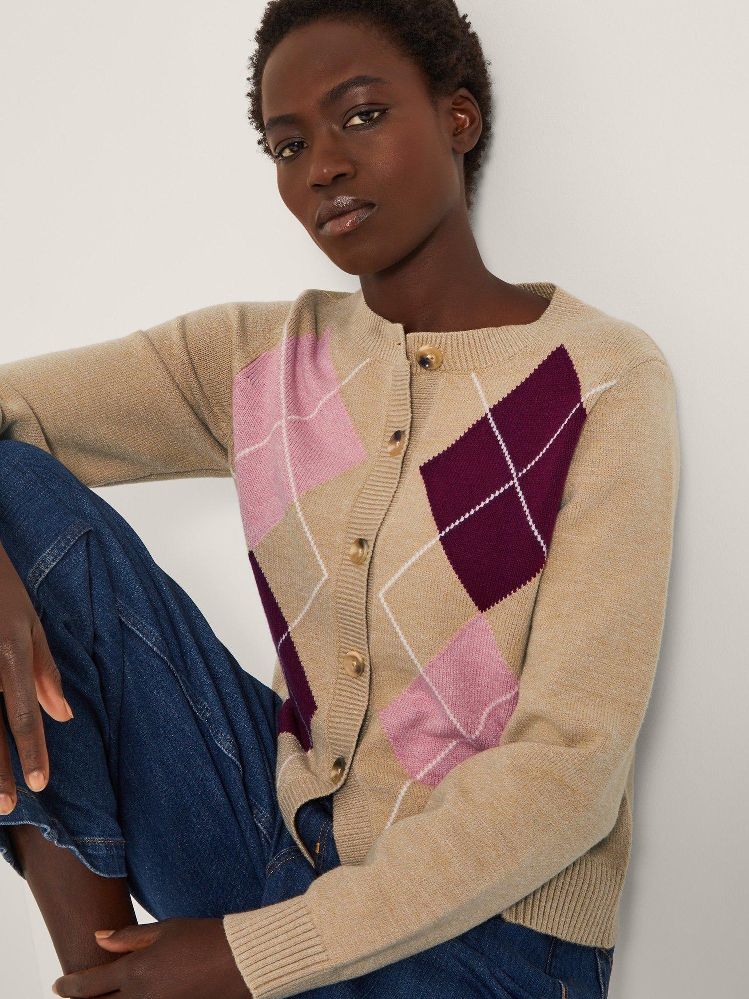 Product image 5 of 5, which shows Monsoon Anne Argyle Check Cardigan, Brown/Multi, XL