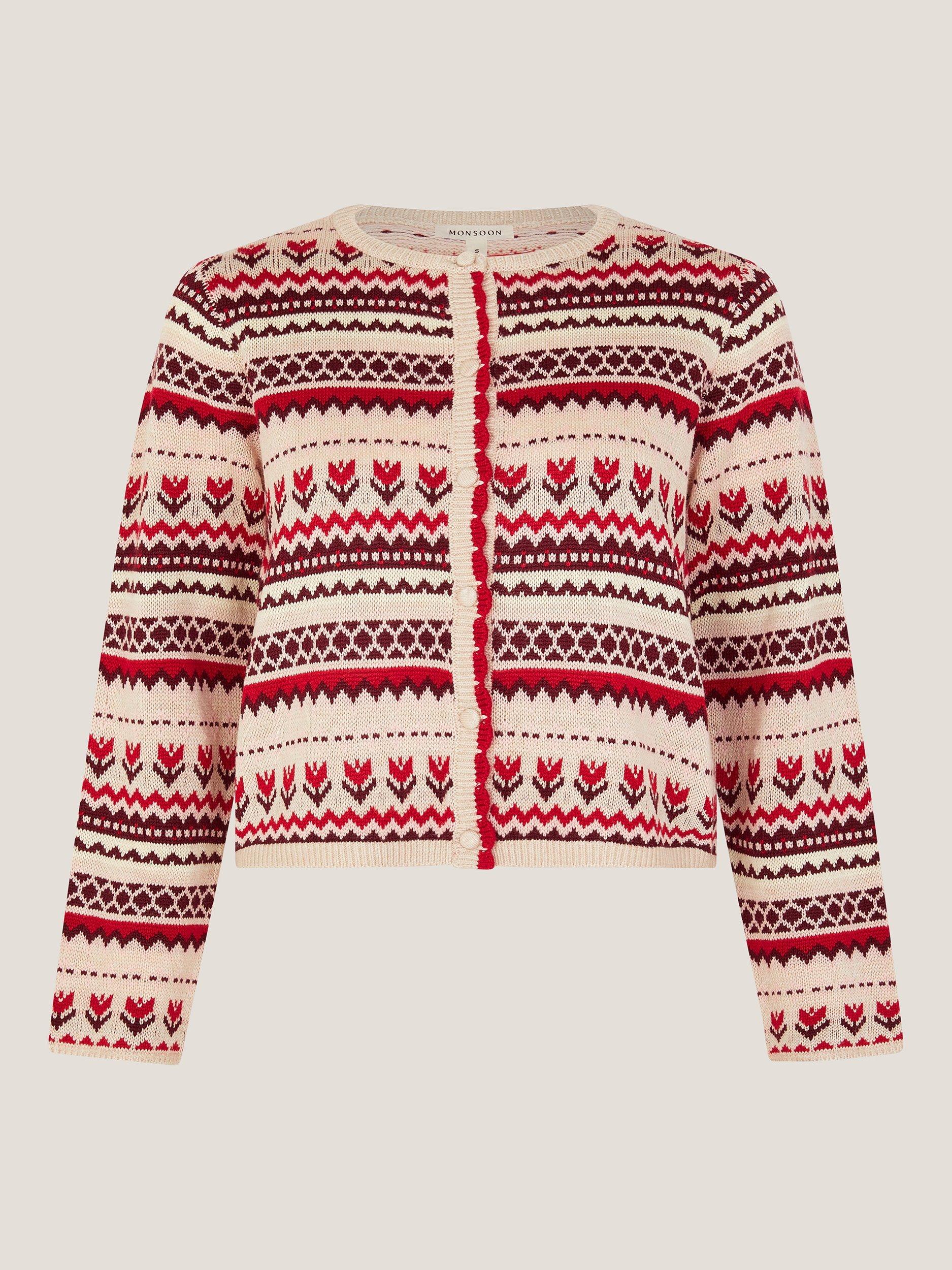 Product image 4 of 5, which shows Monsoon Juno Floral Fair Isle Cardigan, Ivory/Multi, XXL