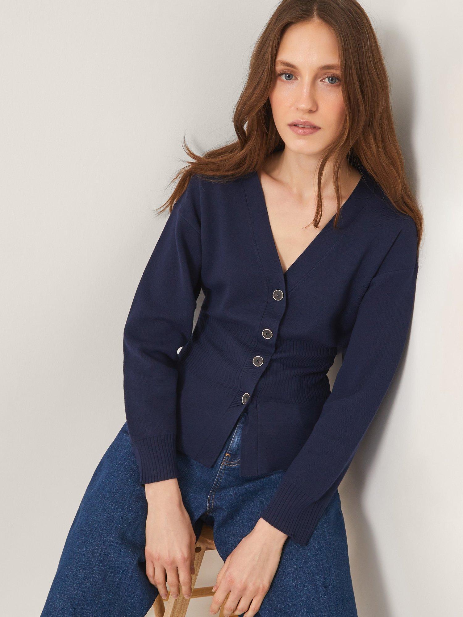 Product image 1 of 5, which shows Monsoon Suzy Fitted Ribbed Waist Cardigan, Navy, M