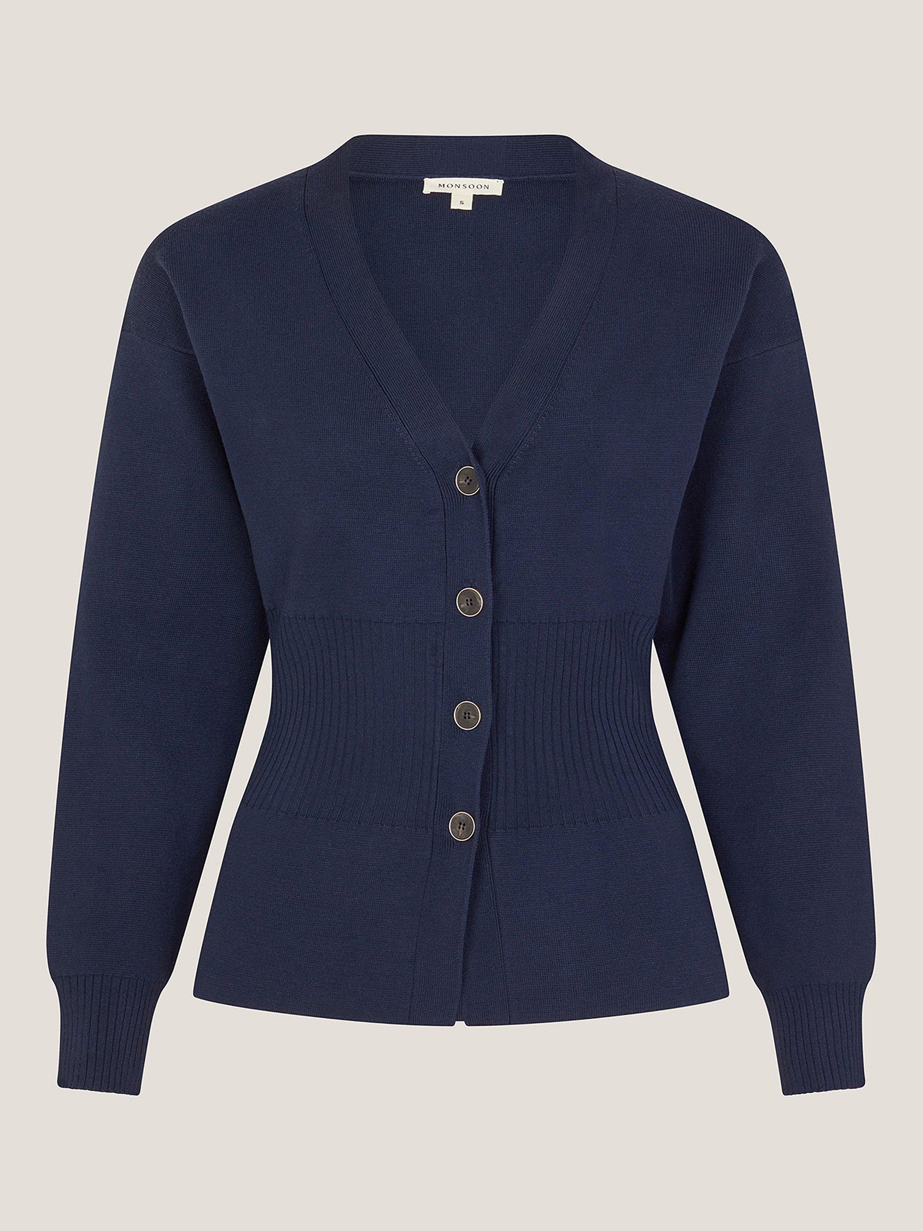 Product image 4 of 5, which shows Monsoon Suzy Fitted Ribbed Waist Cardigan, Navy, M