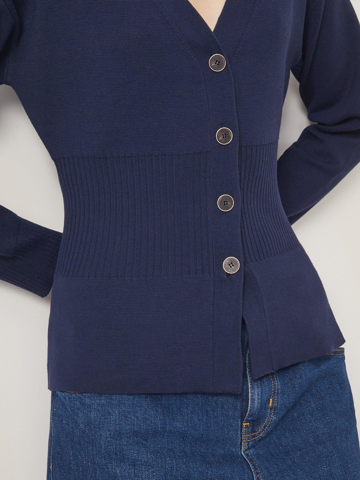 Product image 5 of 5, which shows Monsoon Suzy Fitted Ribbed Waist Cardigan, Navy, M
