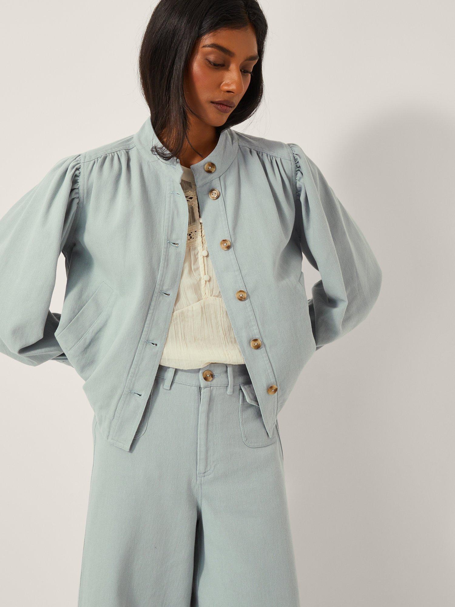 Product image 1 of 5, which shows Monsoon Ciara Puff Sleeve Jacket, Light Blue, M