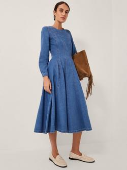 Monsoon Isadora Cotton Blend Long Sleeve Round Neck Seamed Dress, Mid Blue