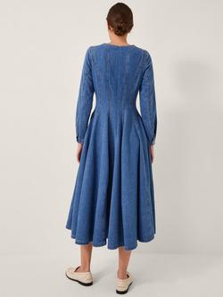 Monsoon Isadora Cotton Blend Long Sleeve Round Neck Seamed Dress - view 2, Mid Blue