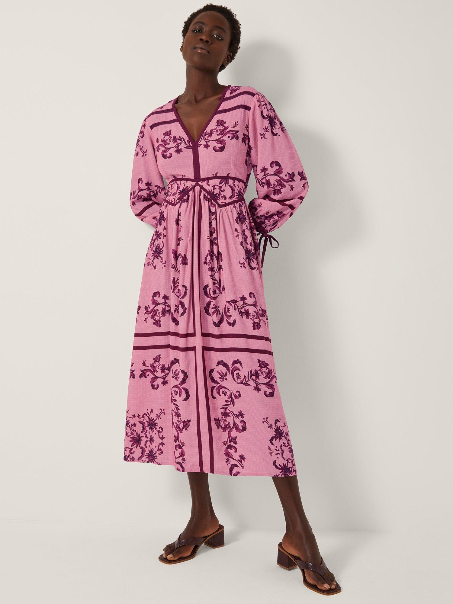 Product image 1 of 5, which shows Monsoon Matilde Print Long Sleeve V Neck Midi Dress, Pink, S
