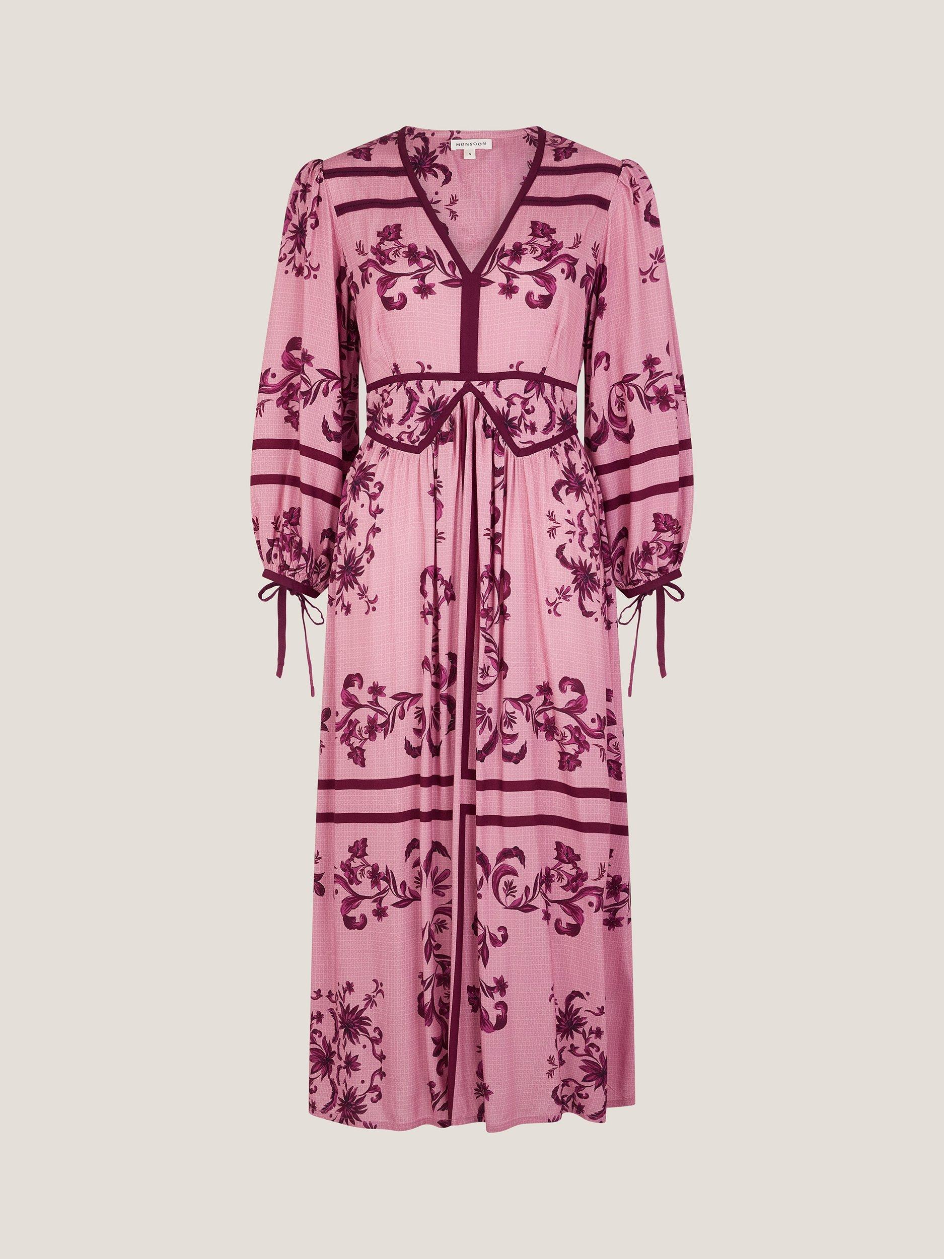 Product image 3 of 5, which shows Monsoon Matilde Print Long Sleeve V Neck Midi Dress, Pink, S