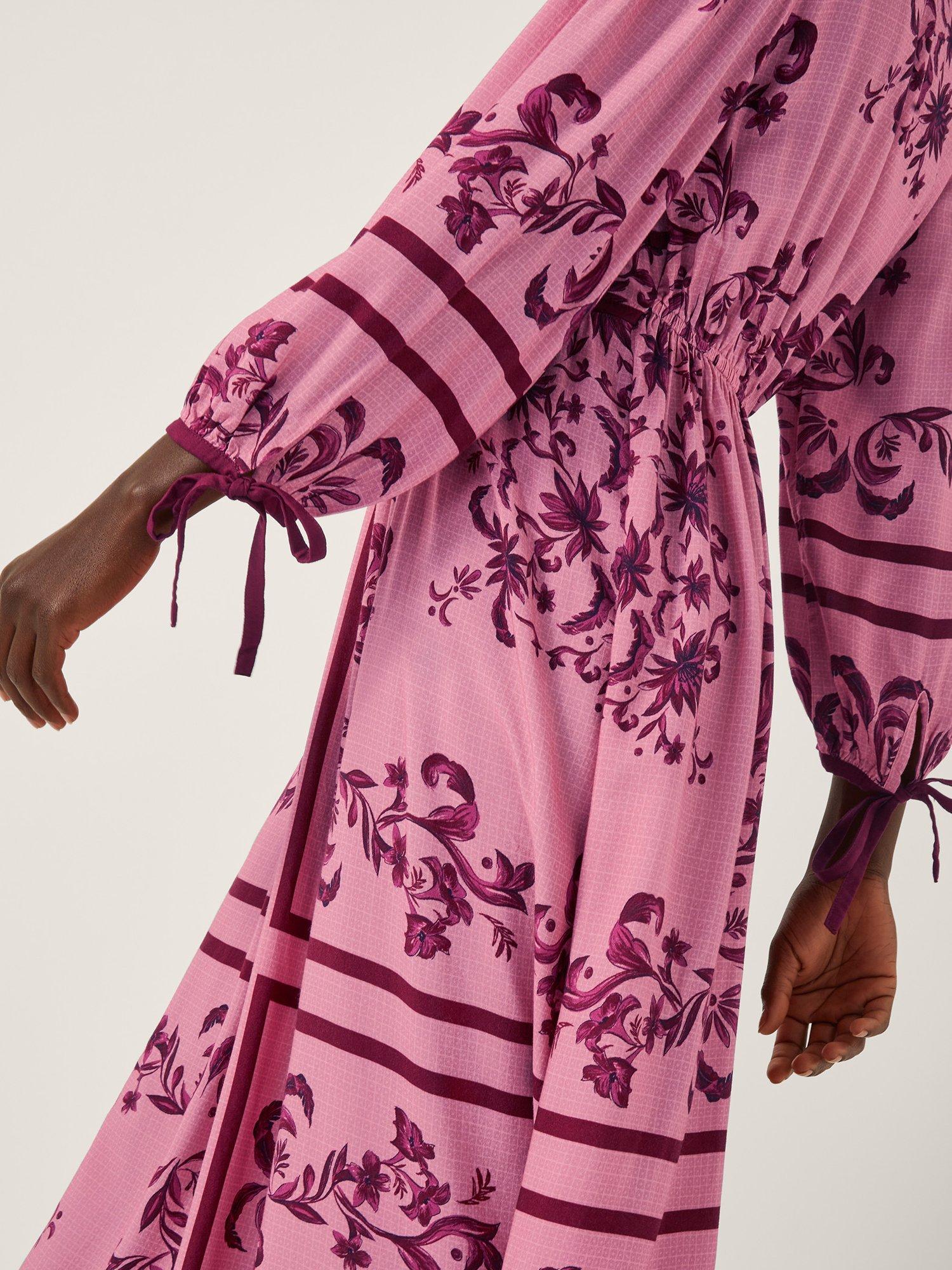 Product image 4 of 5, which shows Monsoon Matilde Print Long Sleeve V Neck Midi Dress, Pink, S