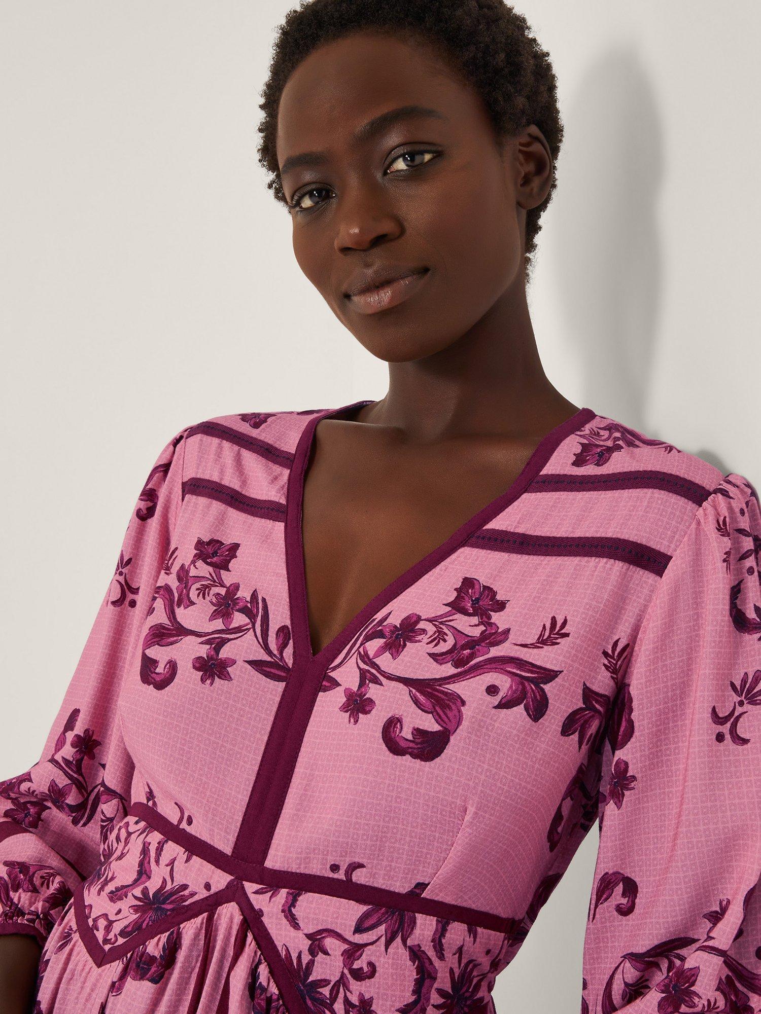 Product image 5 of 5, which shows Monsoon Matilde Print Long Sleeve V Neck Midi Dress, Pink, S