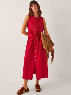 Monsoon Monica Pleated A-Line Linen Blend Midi Dress, Mid Red