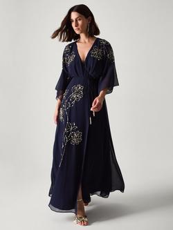 Monsoon Skyla Embellished V-Neck Maxi Wrap Dress, Navy
