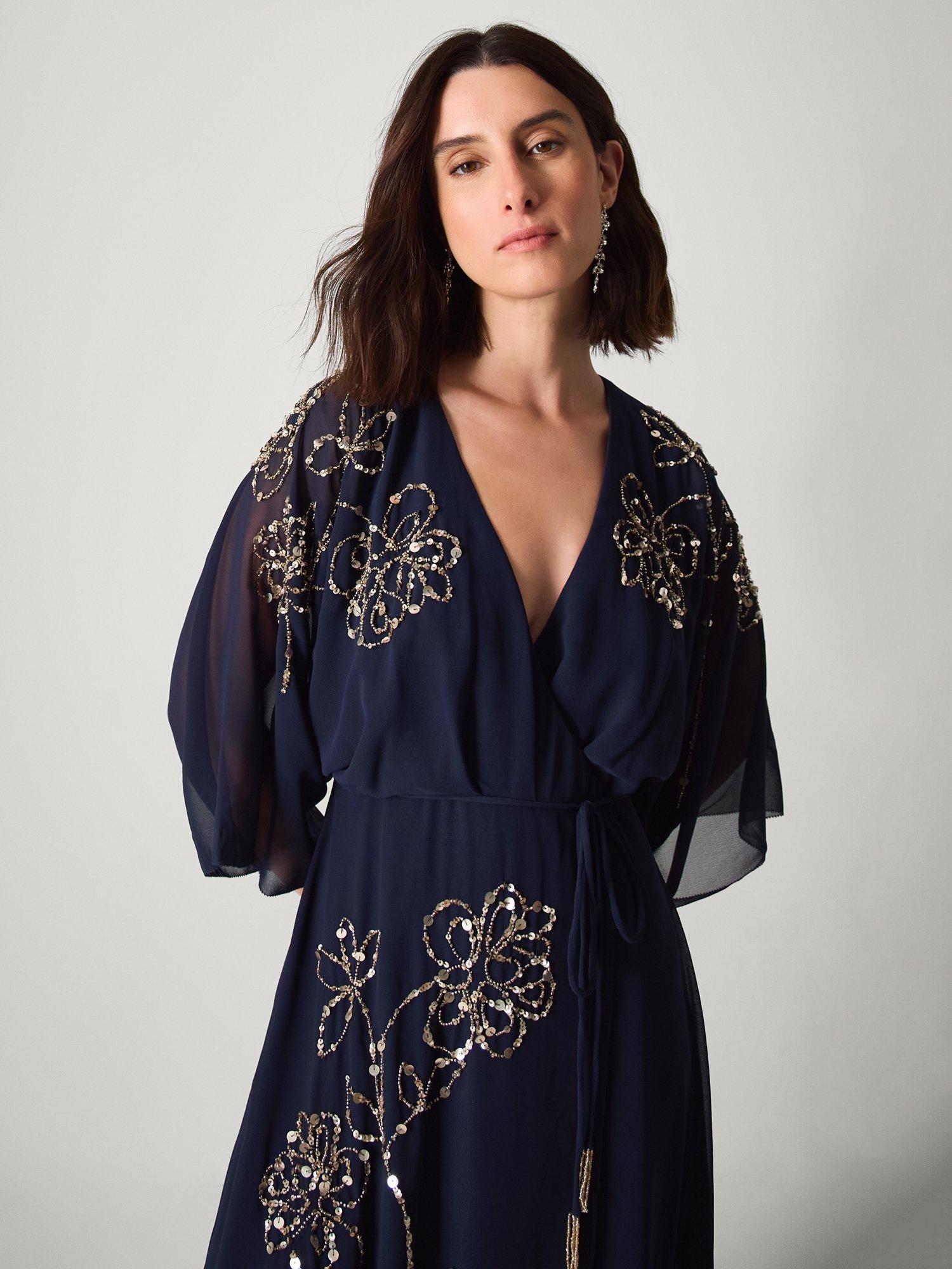 Product image 3 of 5, which shows Monsoon Skyla Embellished V-Neck Maxi Wrap Dress, Navy, 8