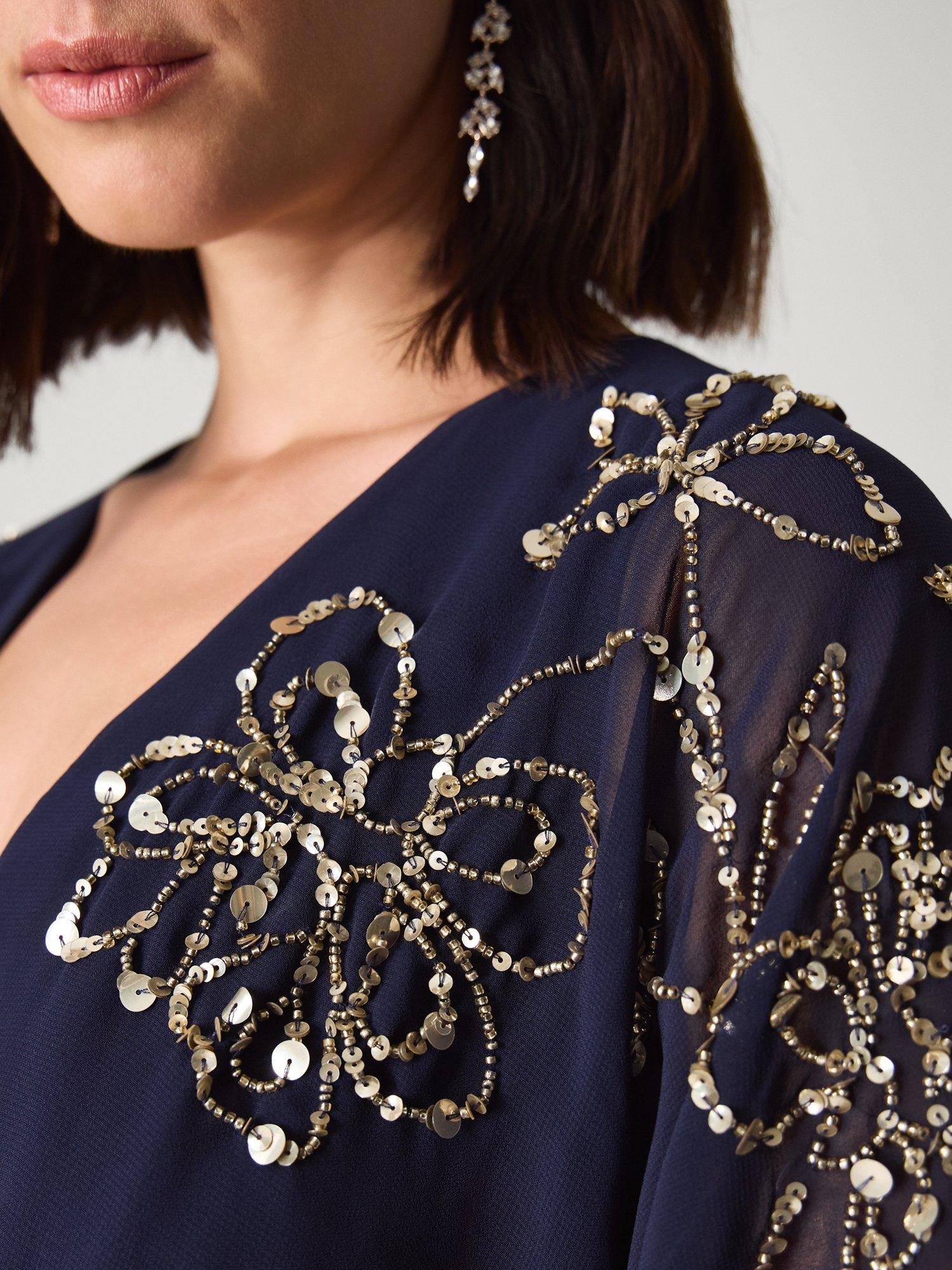 Product image 4 of 5, which shows Monsoon Skyla Embellished V-Neck Maxi Wrap Dress, Navy, 8