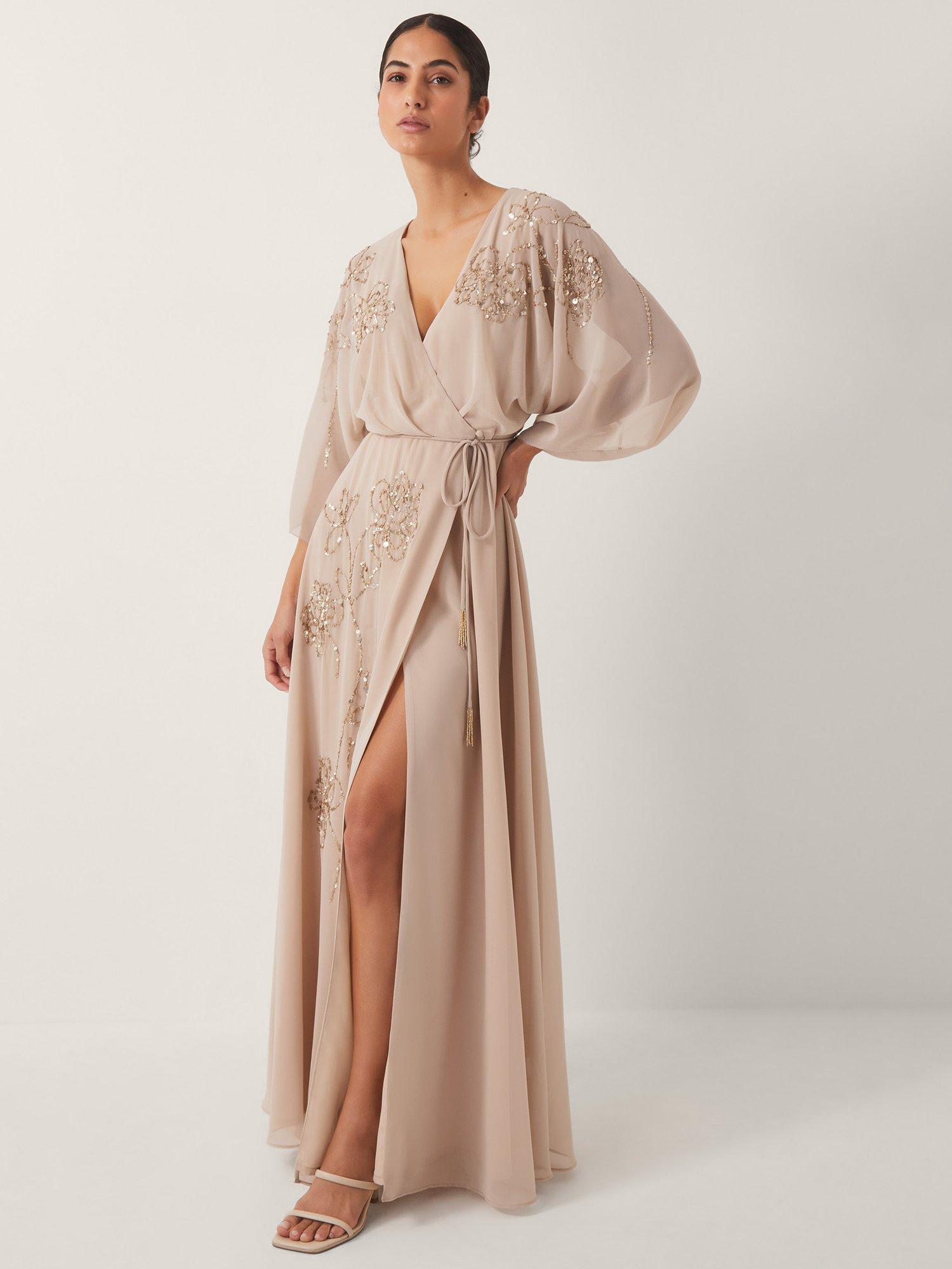Product image 1 of 5, which shows Monsoon Skyla Embellished V-Neck Maxi Wrap Dress, Natural, 8