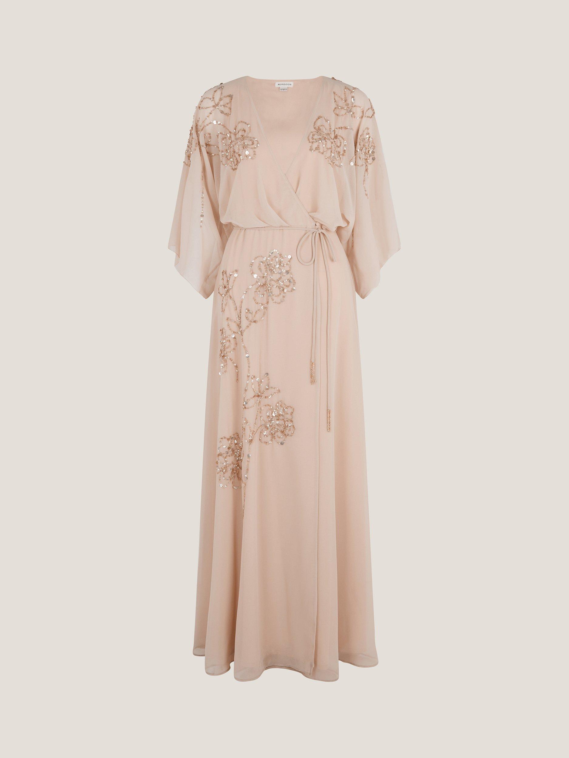 Product image 3 of 5, which shows Monsoon Skyla Embellished V-Neck Maxi Wrap Dress, Natural, 8