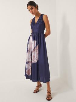Monsoon Sylvia Floral Fitted Satin Flared Midi Dress, Navy, Navy